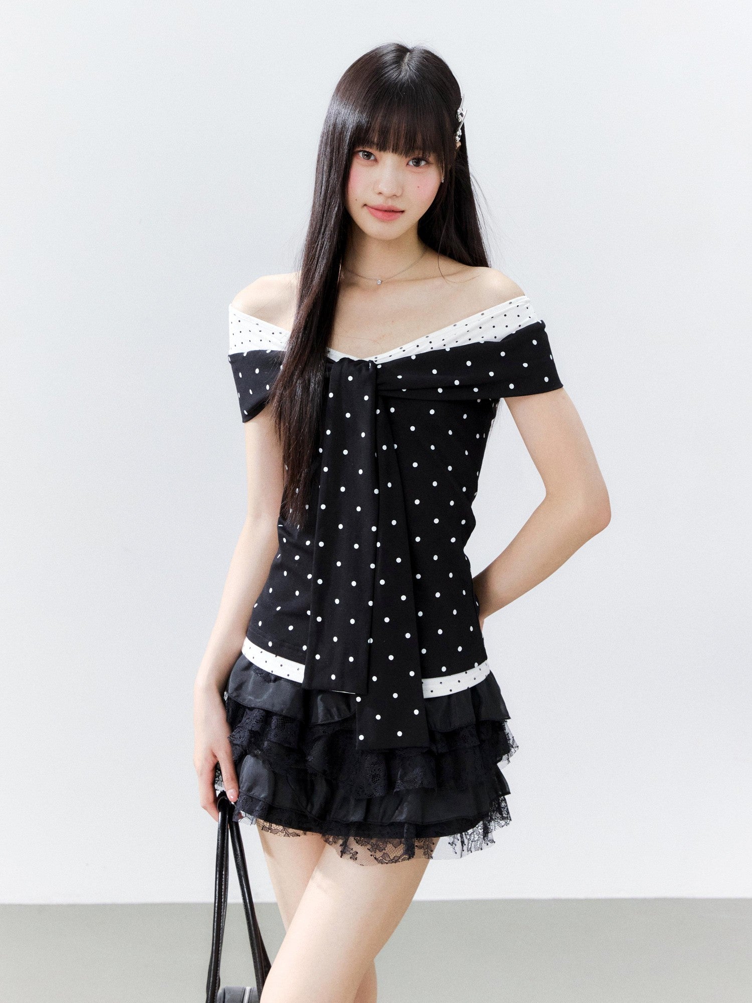 Hypoekai Colorblock Polka Dot Off Shoulder Fitted Women's Cotton Short Sleeve T-shirts