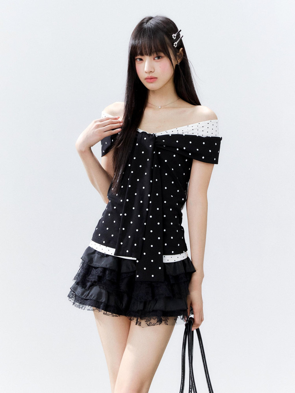 Hypoekai Colorblock Polka Dot Off Shoulder Fitted Women's Cotton Short Sleeve T-shirts