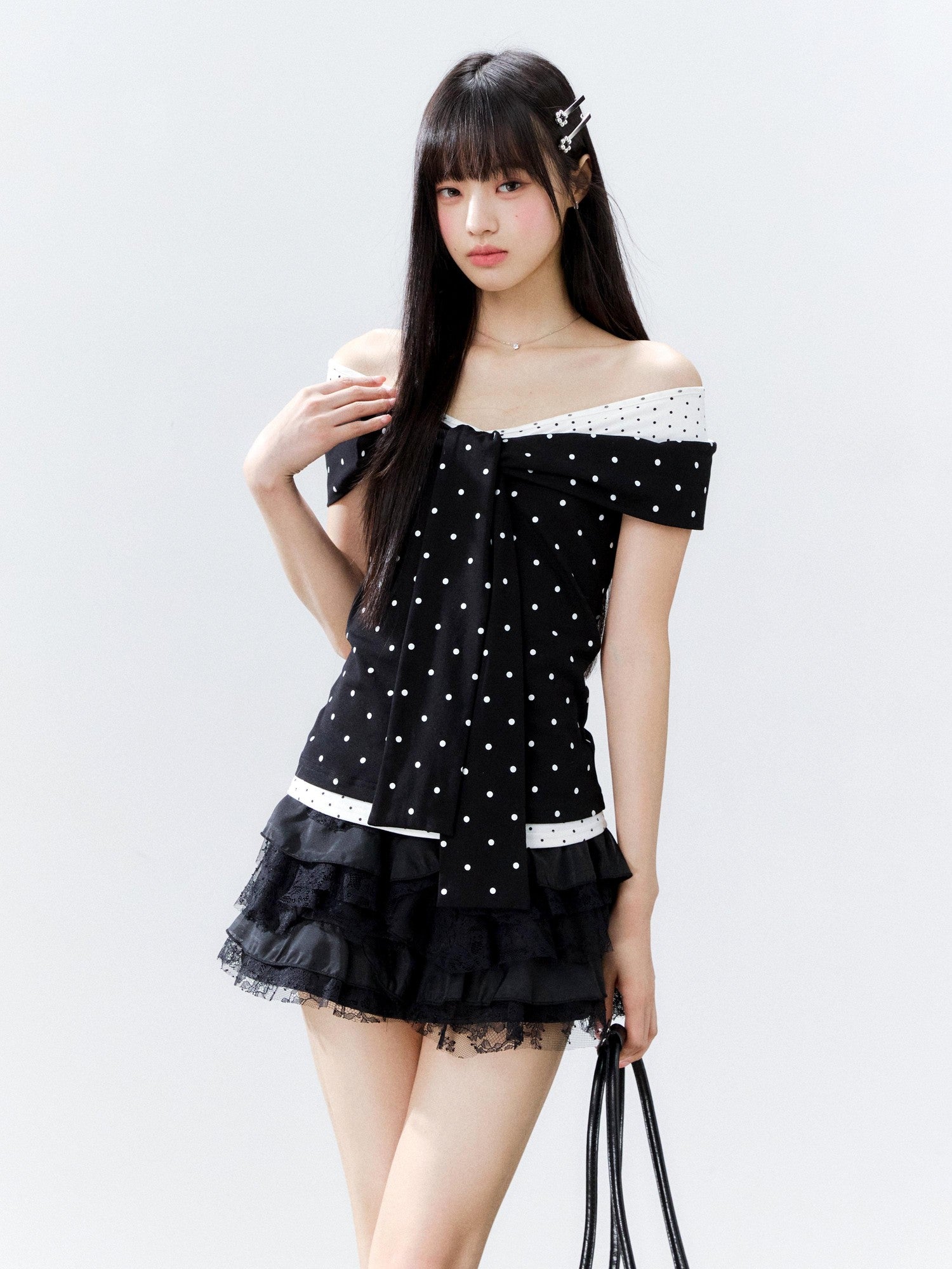 Hypoekai Colorblock Polka Dot Off Shoulder Fitted Women's Cotton Short Sleeve T-shirts