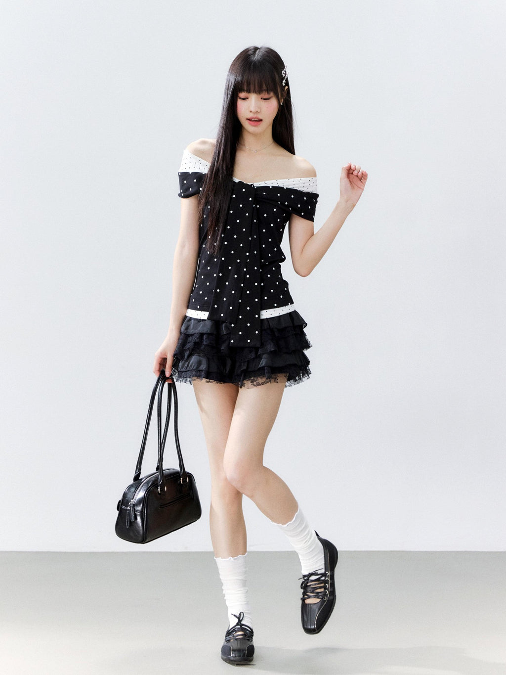 Hypoekai Colorblock Polka Dot Off Shoulder Fitted Women's Cotton Short Sleeve T-shirts