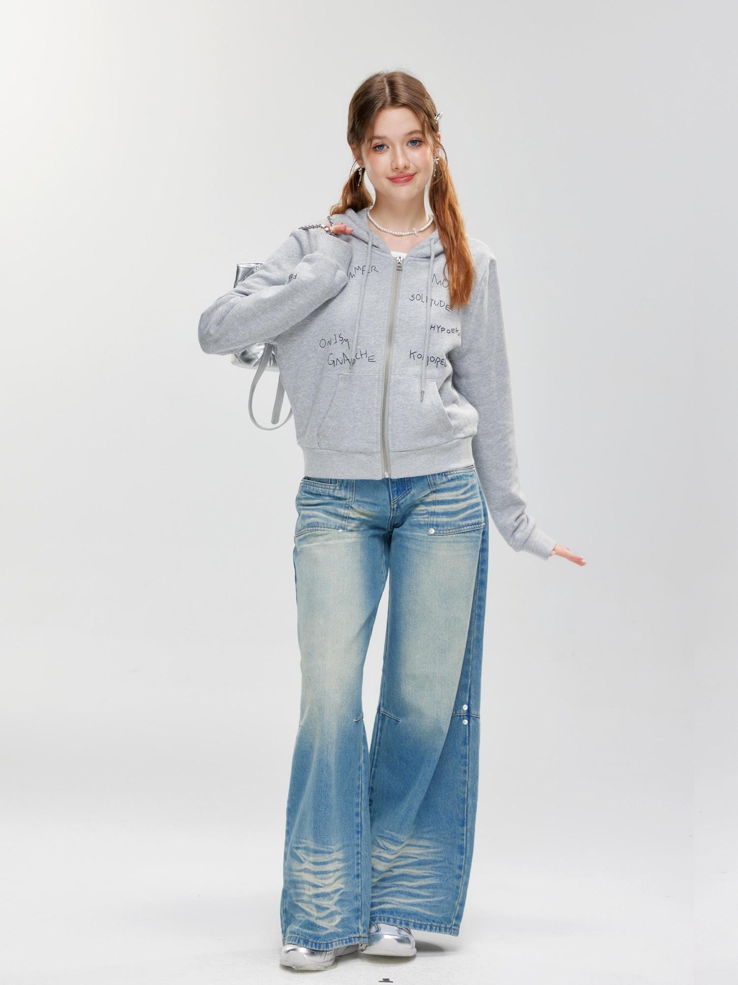 Hypoekai Cropped Graffiti Print Slim Fit Women's Hooded Zip-up Hoodies