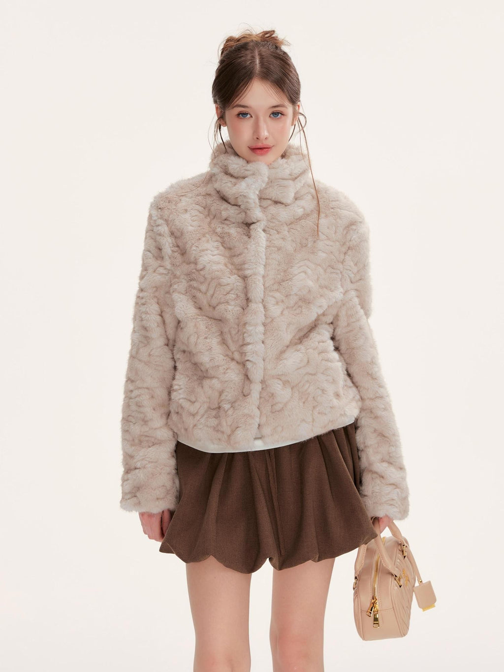 Hypoekai Cropped Stand Collar Hidden Button Straight Hem Women's Polyester Faux Fur Coats