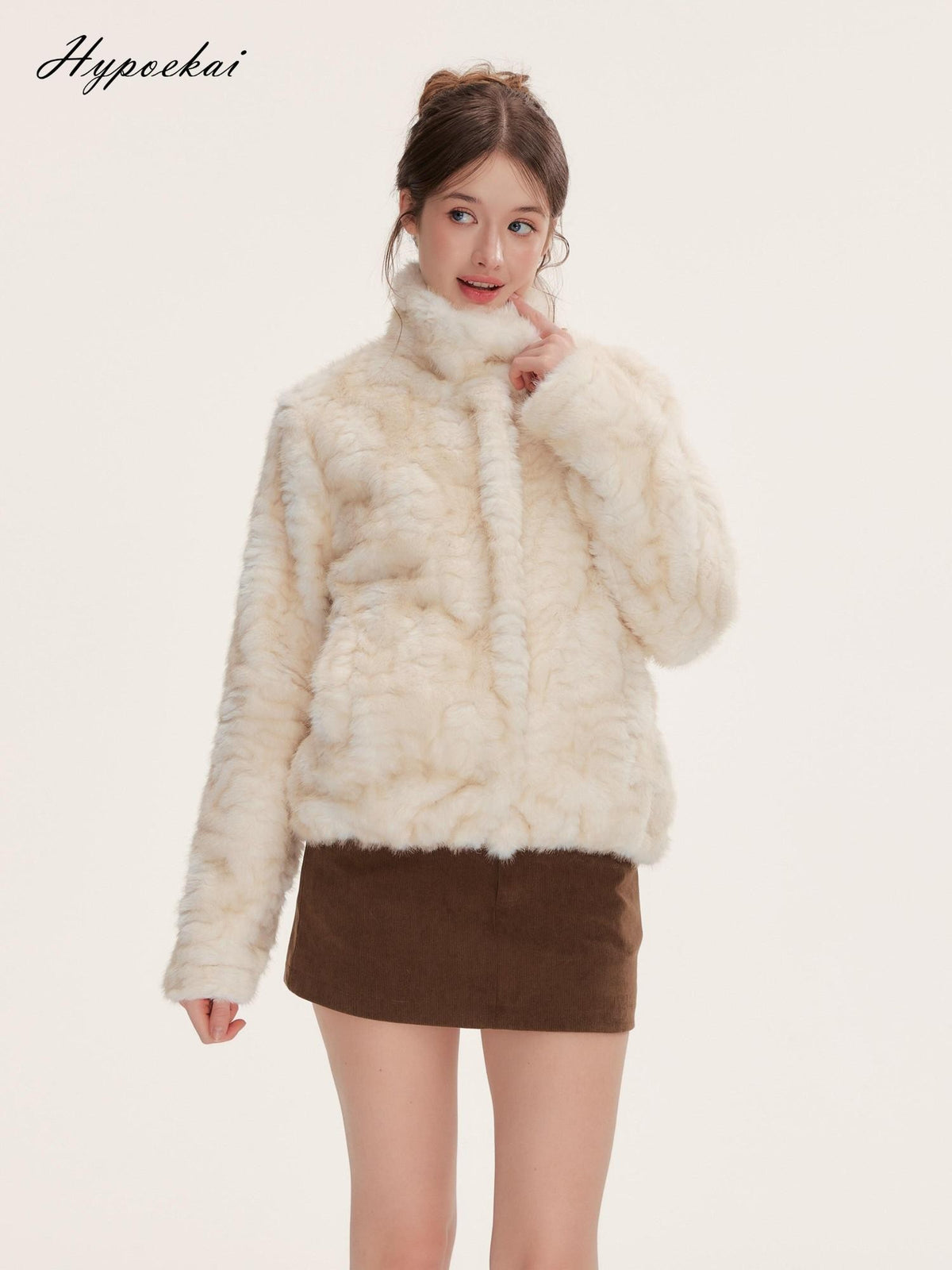 Hypoekai Cute Faux Fur Fleece Long Sleeve Thick Women's Polyester Cropped Jackets