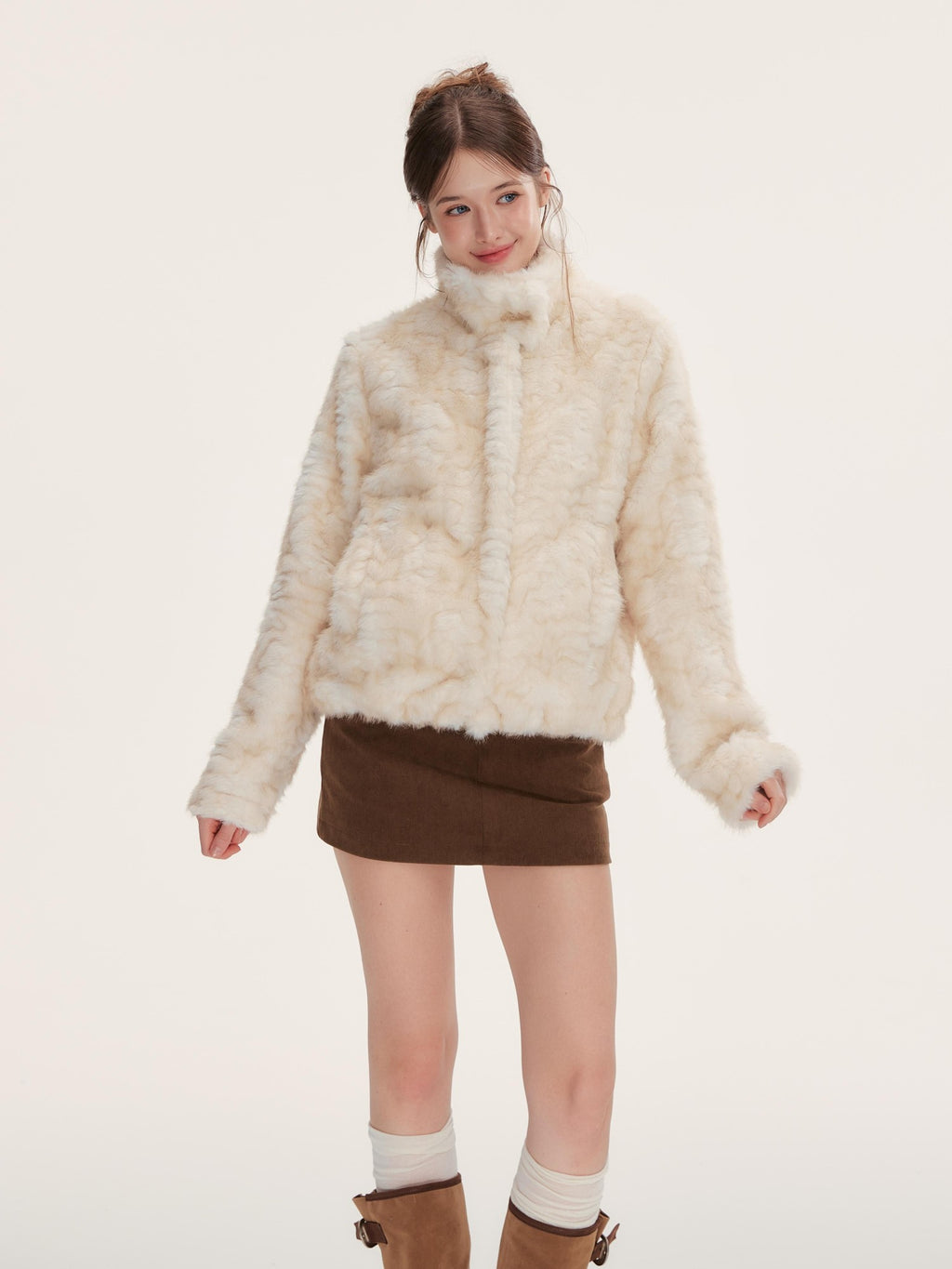 Hypoekai Cute Faux Fur Fleece Long Sleeve Thick Women's Polyester Cropped Jackets