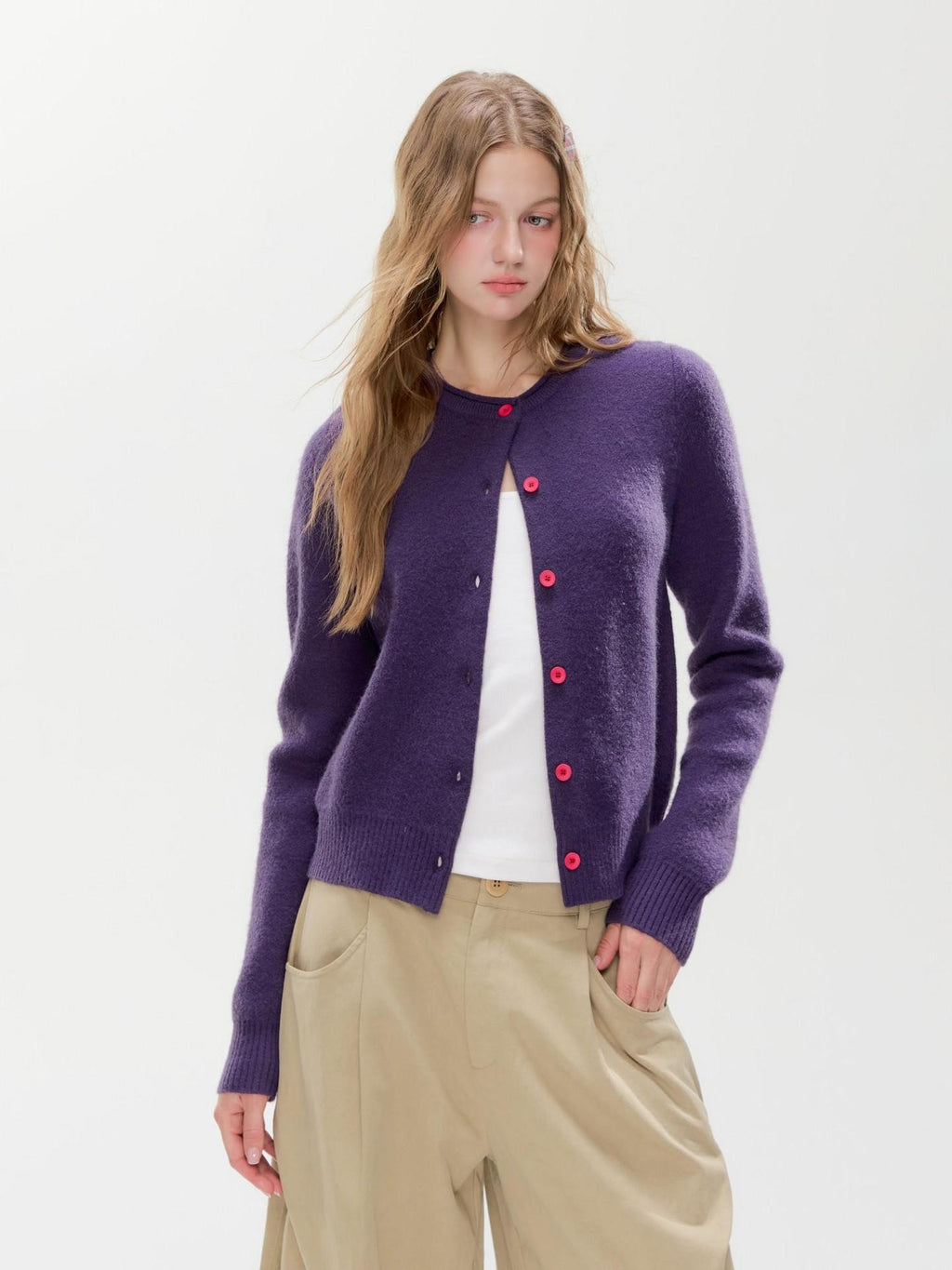 Hypoekai Dusky Purple Cropped Slim Fit Round Neck Women's Knit Button-up Cardigans