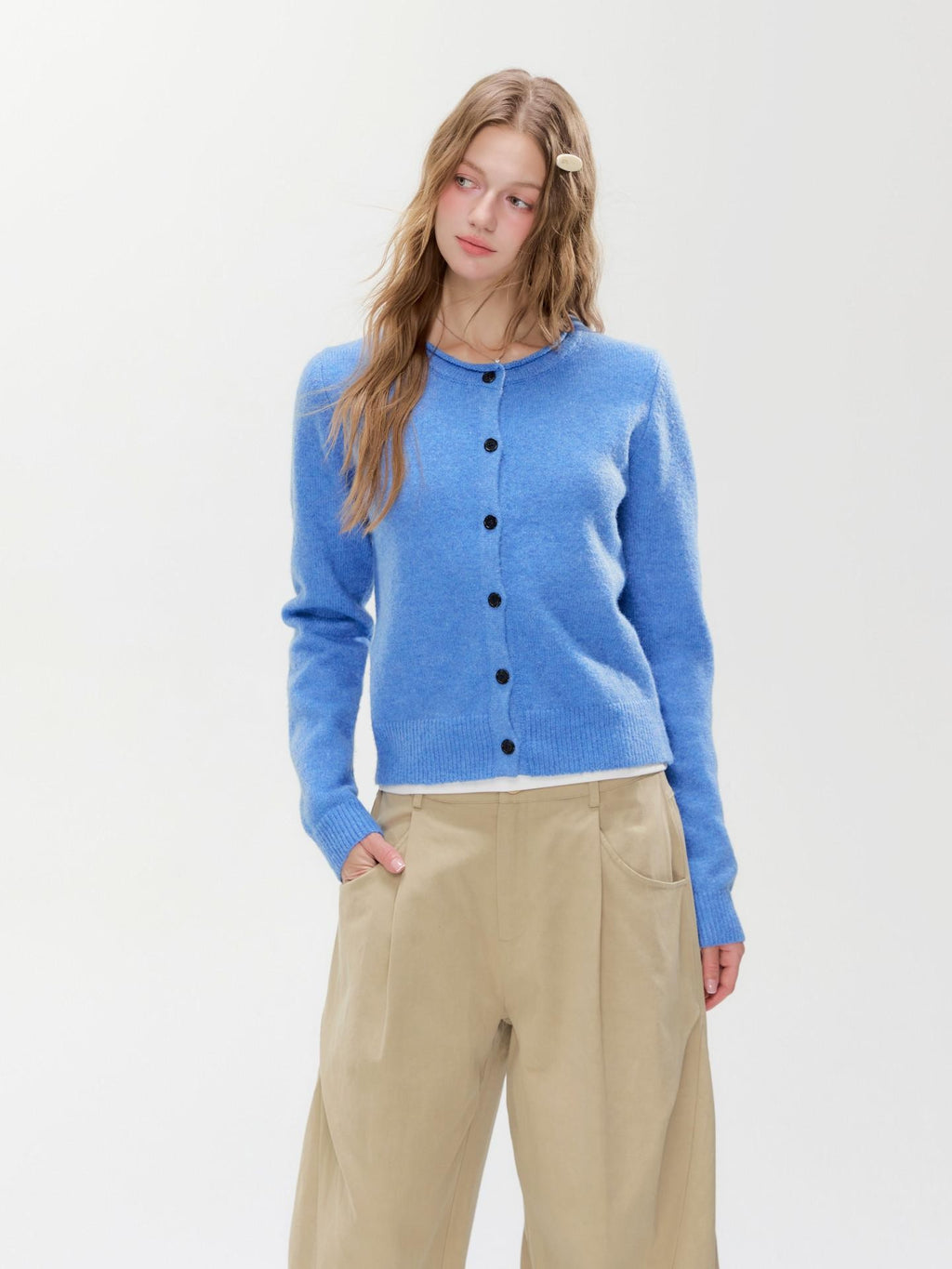 Hypoekai Dusky Purple Cropped Slim Fit Round Neck Women's Knit Button-up Cardigans