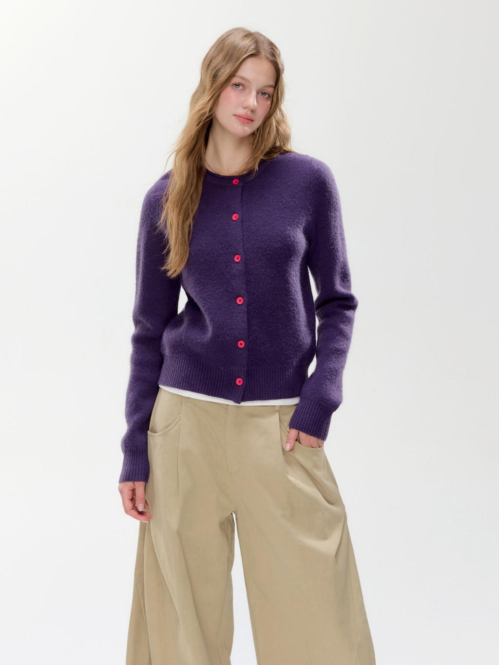 Hypoekai Dusky Purple Cropped Slim Fit Round Neck Women's Knit Button-up Cardigans