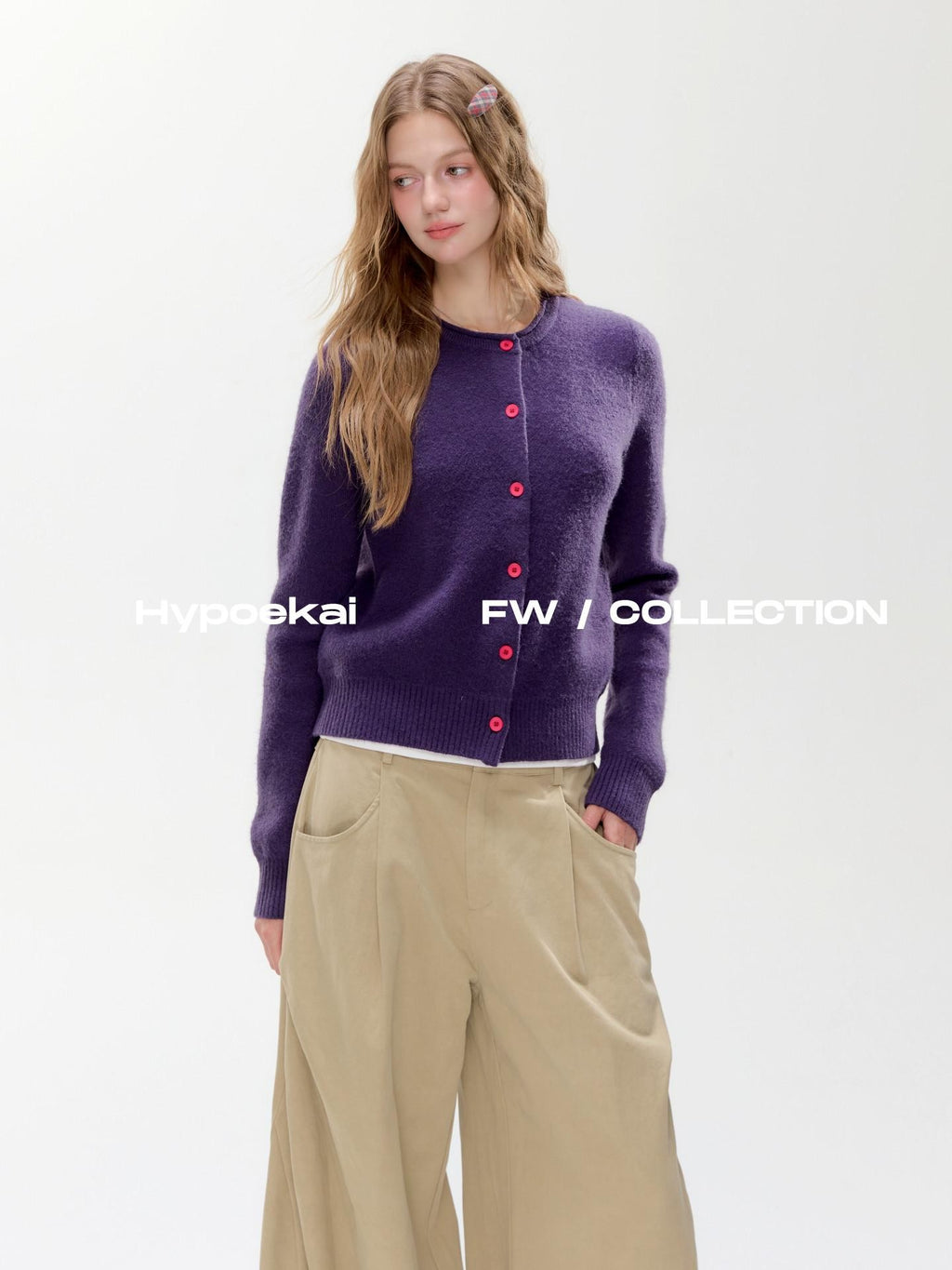 Hypoekai Dusky Purple Cropped Slim Fit Round Neck Women's Knit Button-up Cardigans