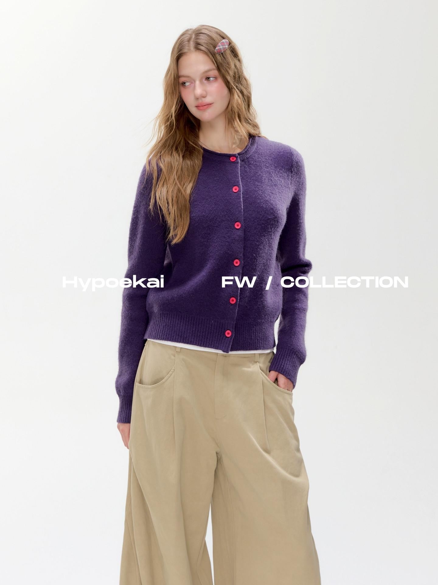 Hypoekai Dusky Purple Cropped Slim Fit Round Neck Women's Knit Button-up Cardigans