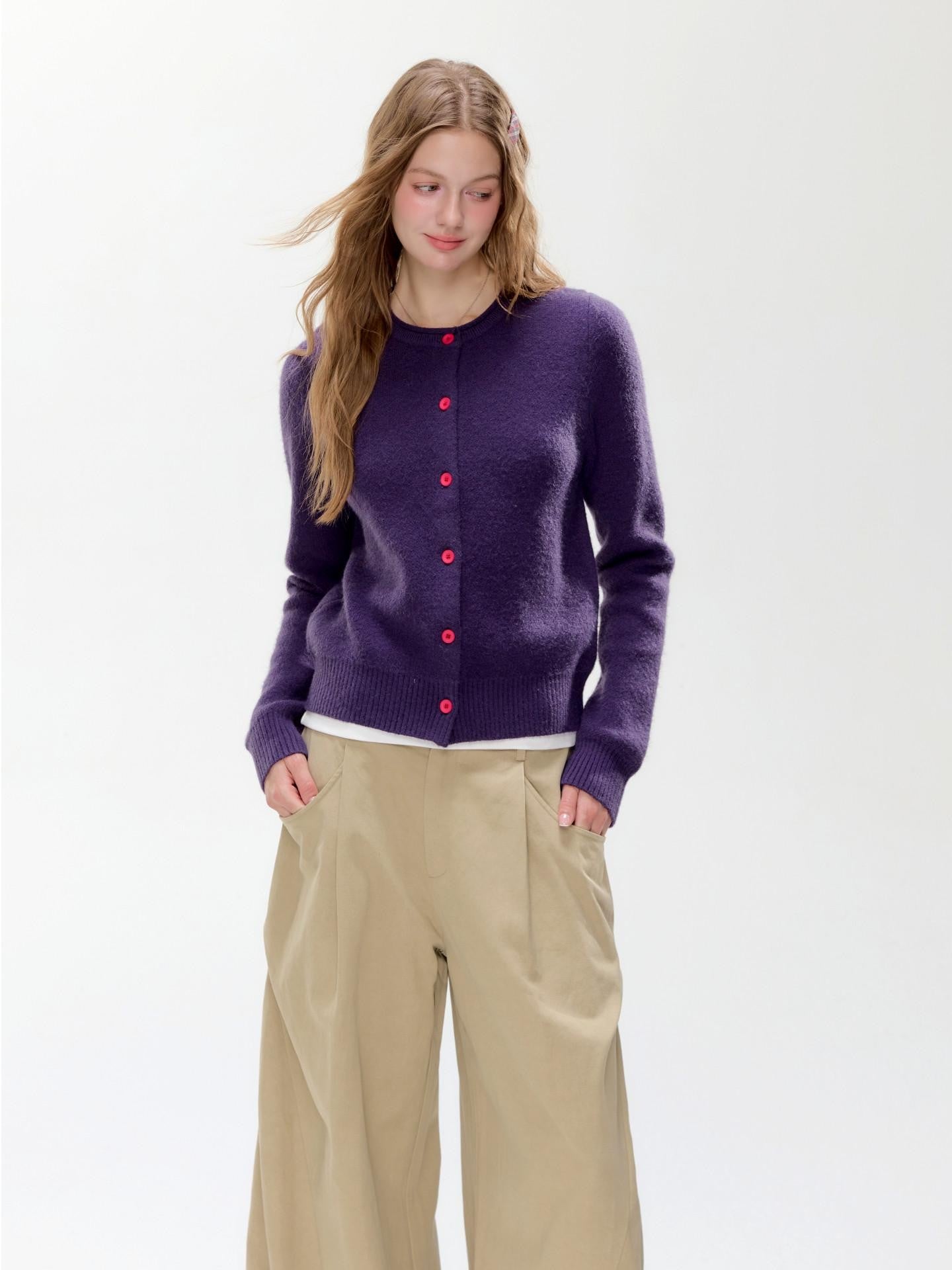 Hypoekai Dusky Purple Cropped Slim Fit Round Neck Women's Knit Button-up Cardigans
