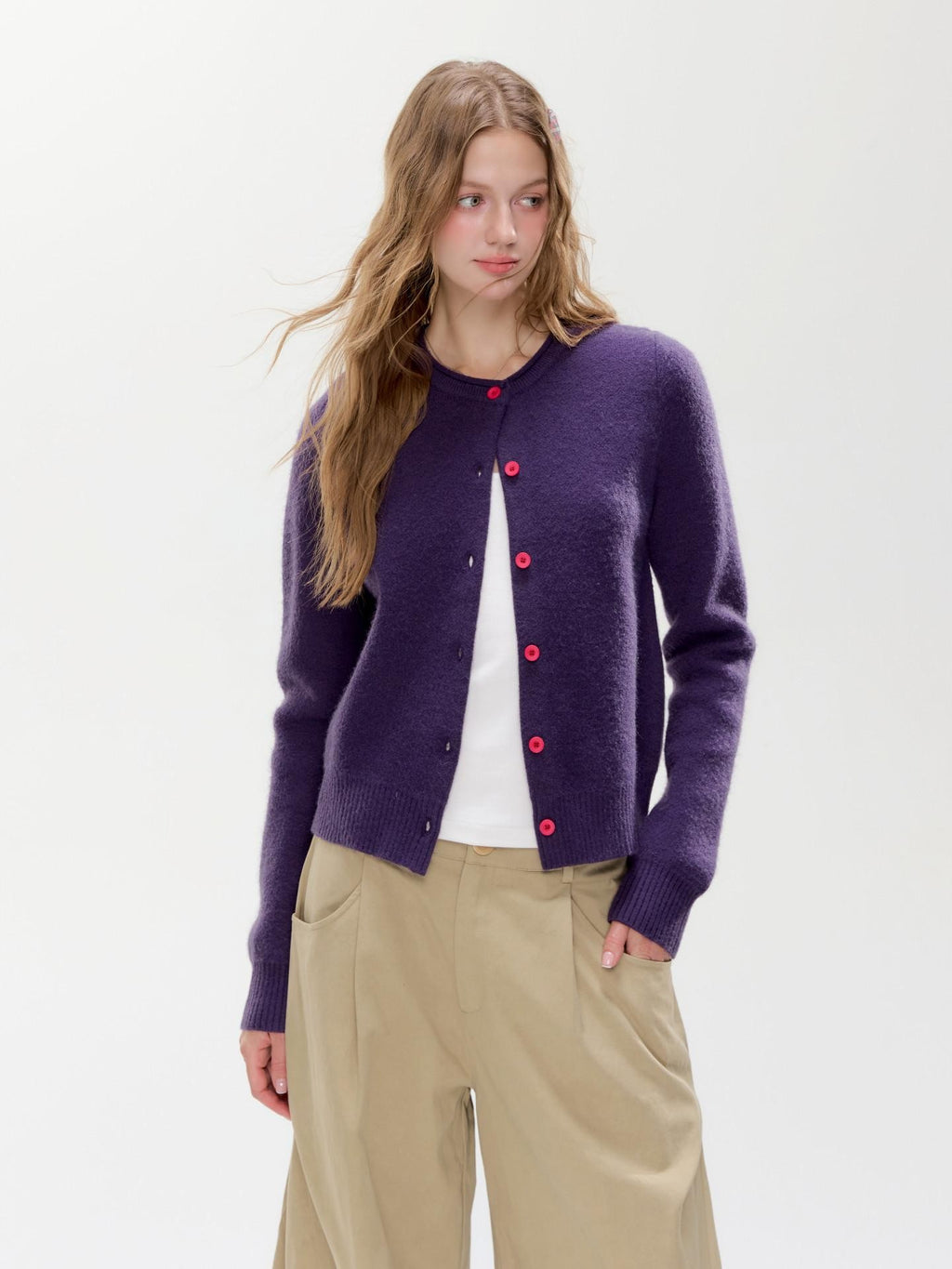 Hypoekai Dusky Purple Cropped Slim Fit Round Neck Women's Knit Button-up Cardigans