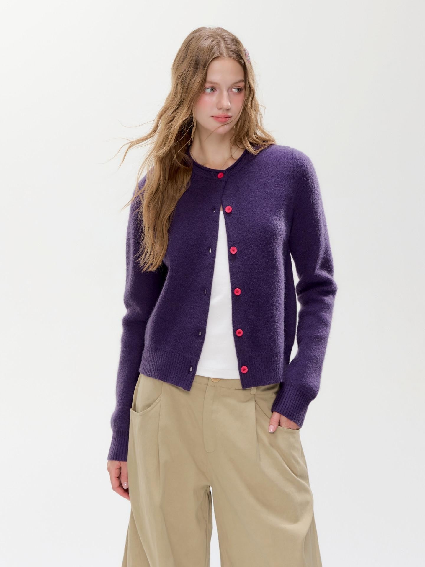 Hypoekai Dusky Purple Cropped Slim Fit Round Neck Women's Knit Button-up Cardigans