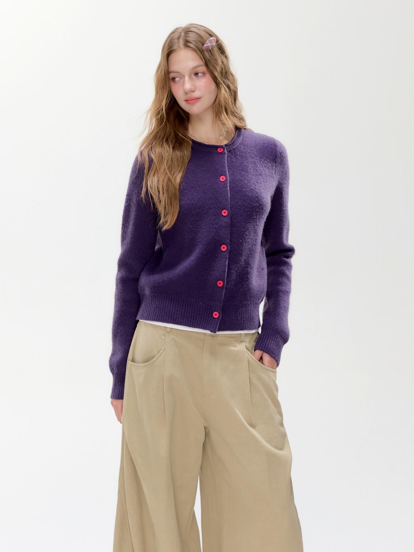 Hypoekai Dusky Purple Cropped Slim Fit Round Neck Women's Knit Button-up Cardigans