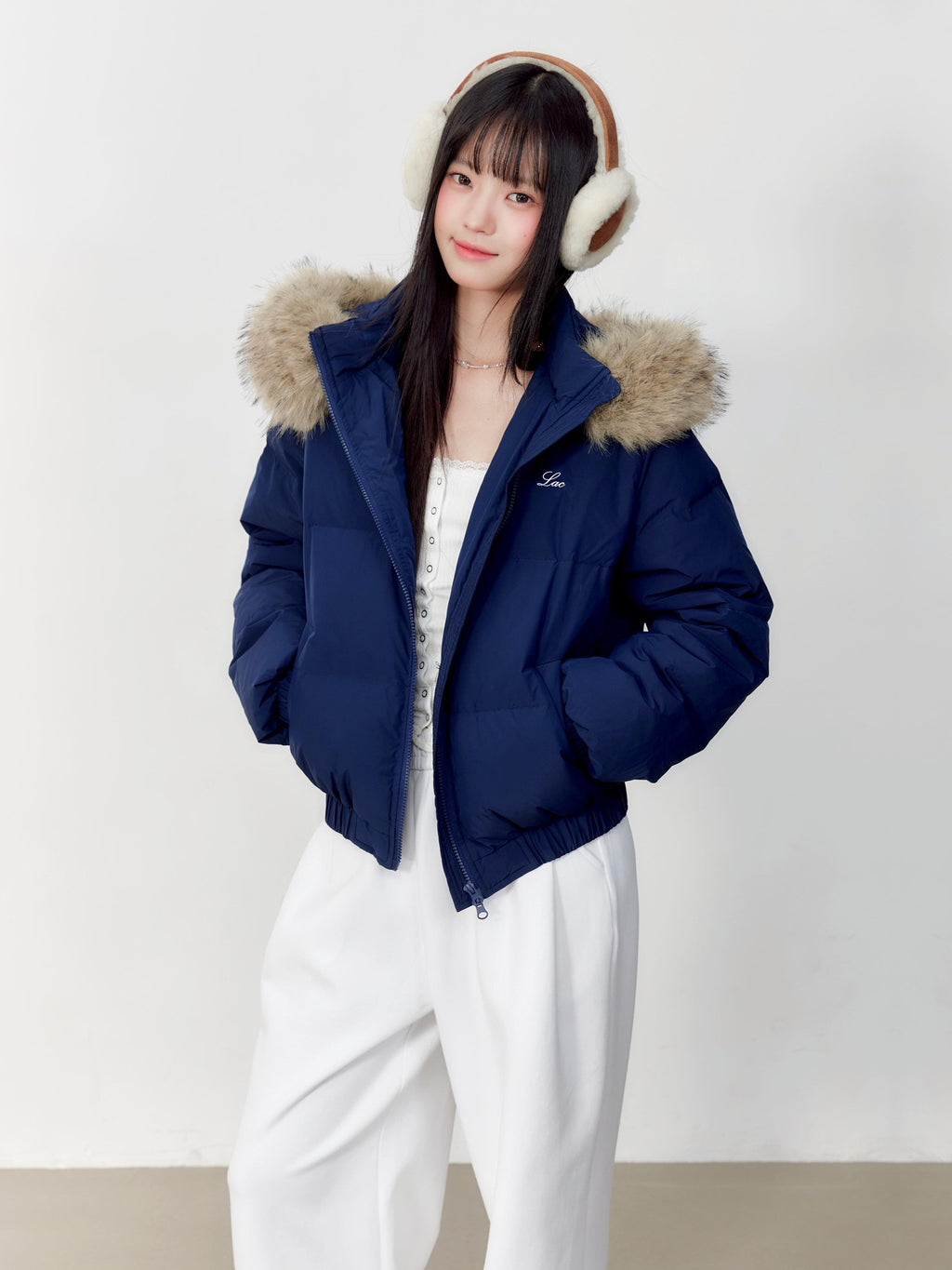 Hypoekai Embroidered Hooded Faux Fur Collar Loose Thickened Women's Puffer Jackets