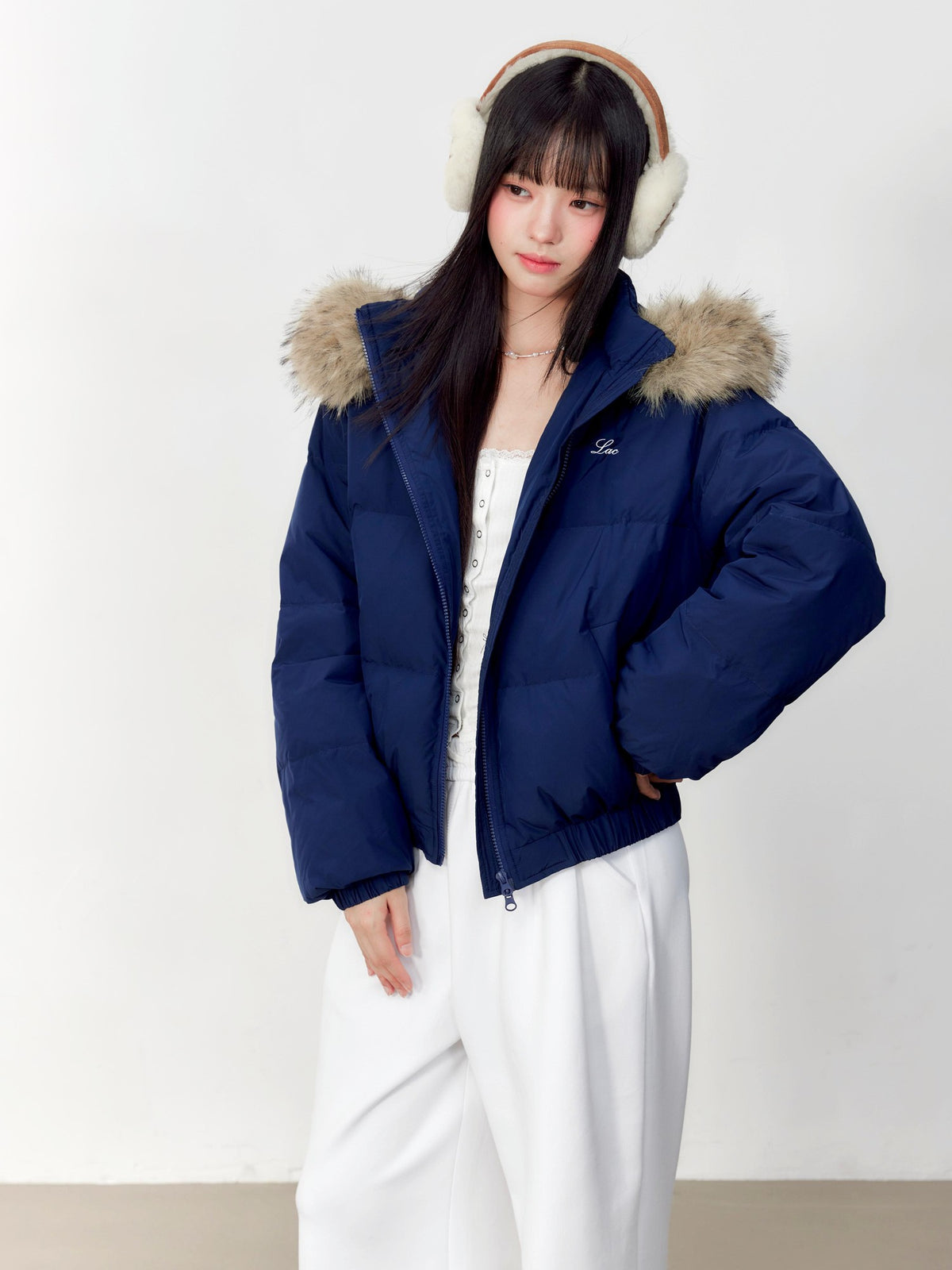 Hypoekai Embroidered Hooded Faux Fur Collar Loose Thickened Women's Puffer Jackets
