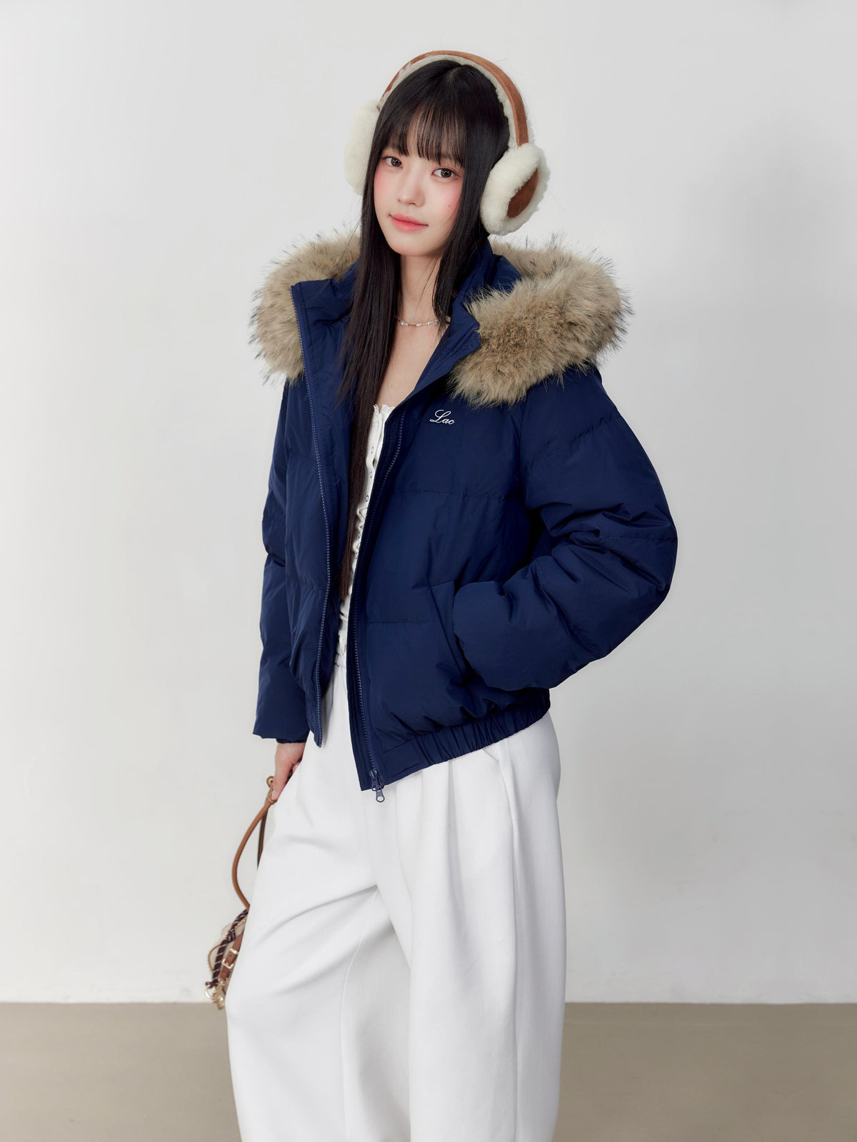 Hypoekai Embroidered Hooded Faux Fur Collar Loose Thickened Women's Puffer Jackets