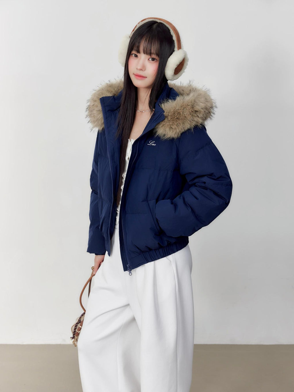 Hypoekai Embroidered Hooded Faux Fur Collar Loose Thickened Women's Puffer Jackets