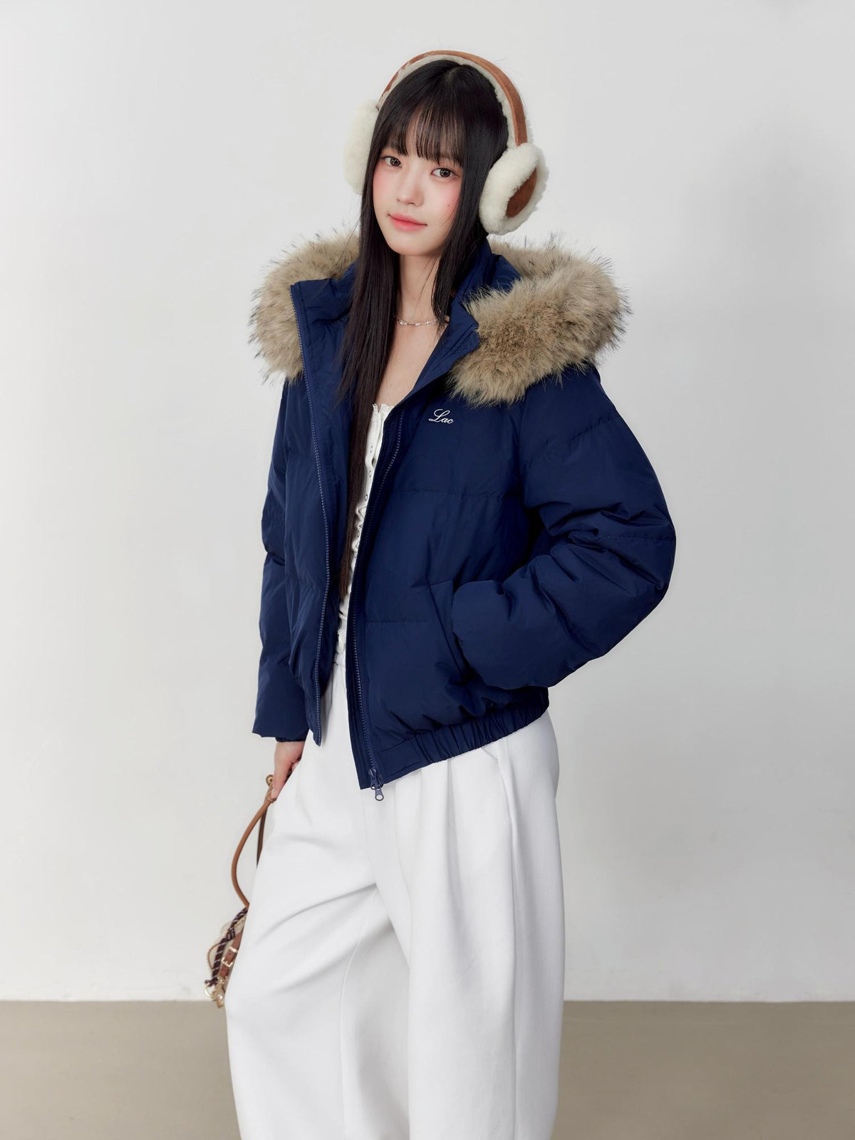 Hypoekai Embroidered Hooded Faux Fur Collar Loose Thickened Women's Puffer Jackets