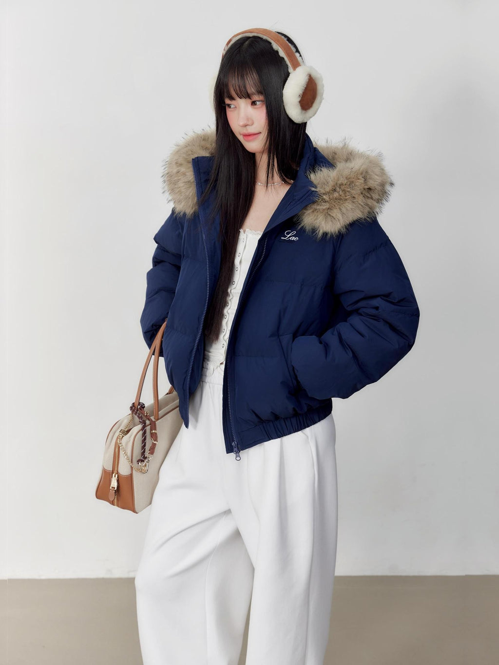 Hypoekai Embroidered Hooded Faux Fur Collar Loose Thickened Women's Puffer Jackets