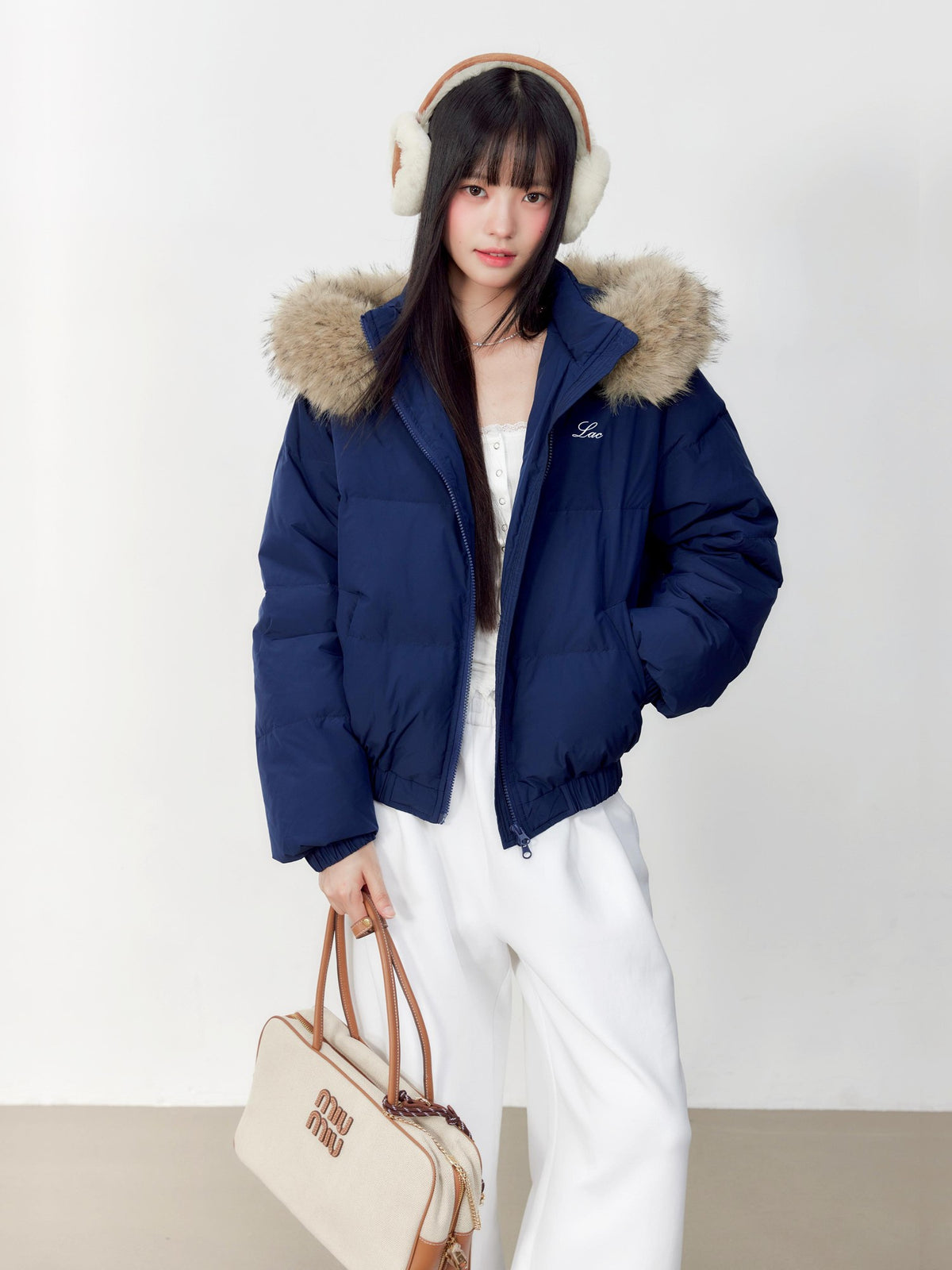Hypoekai Embroidered Hooded Faux Fur Collar Loose Thickened Women's Puffer Jackets