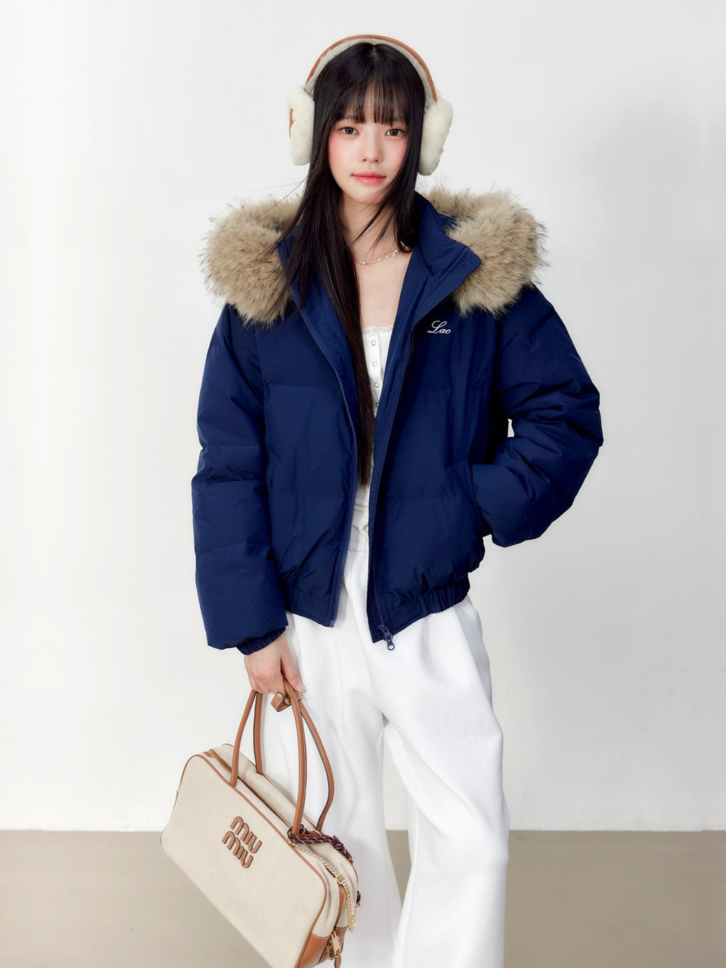 Hypoekai Embroidered Hooded Faux Fur Collar Loose Thickened Women's Puffer Jackets