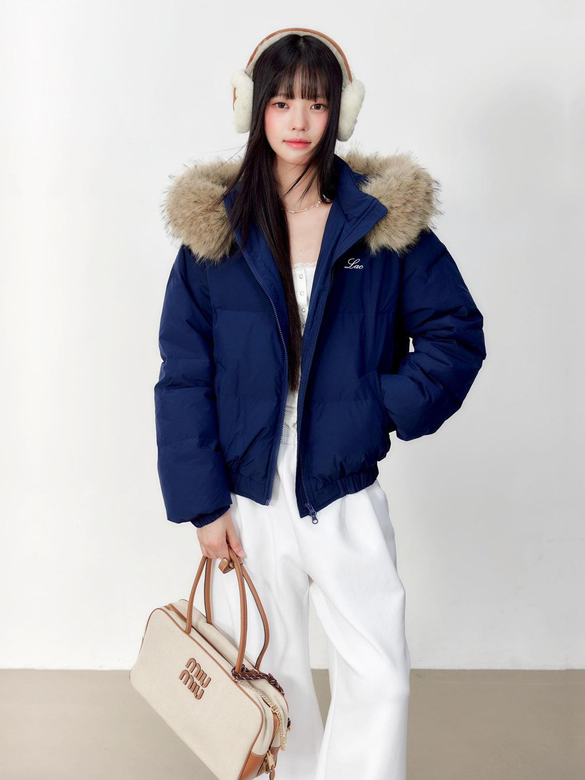 Hypoekai Embroidered Hooded Faux Fur Collar Loose Thickened Women's Puffer Jackets