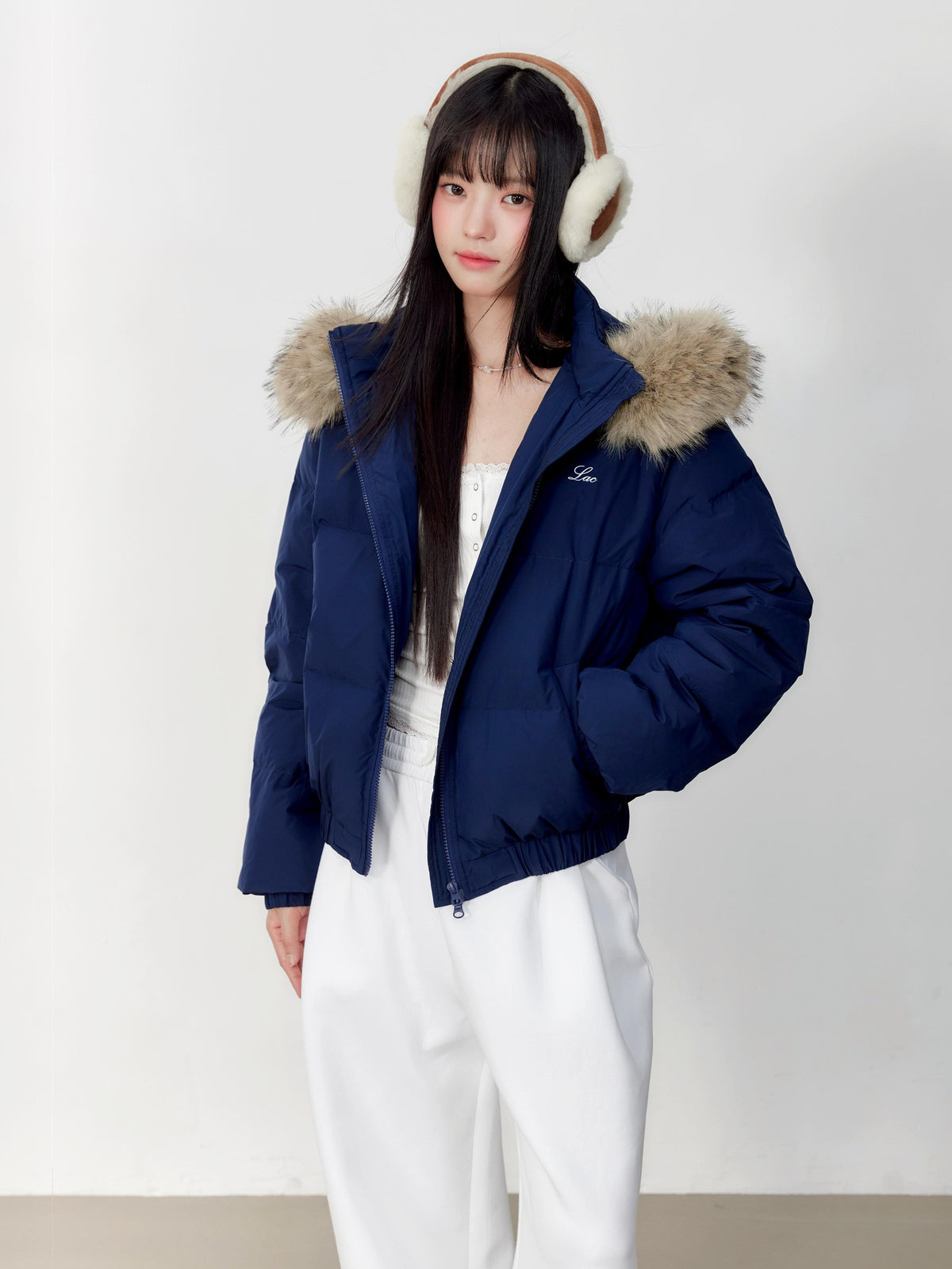 Hypoekai Embroidered Hooded Faux Fur Collar Loose Thickened Women's Puffer Jackets