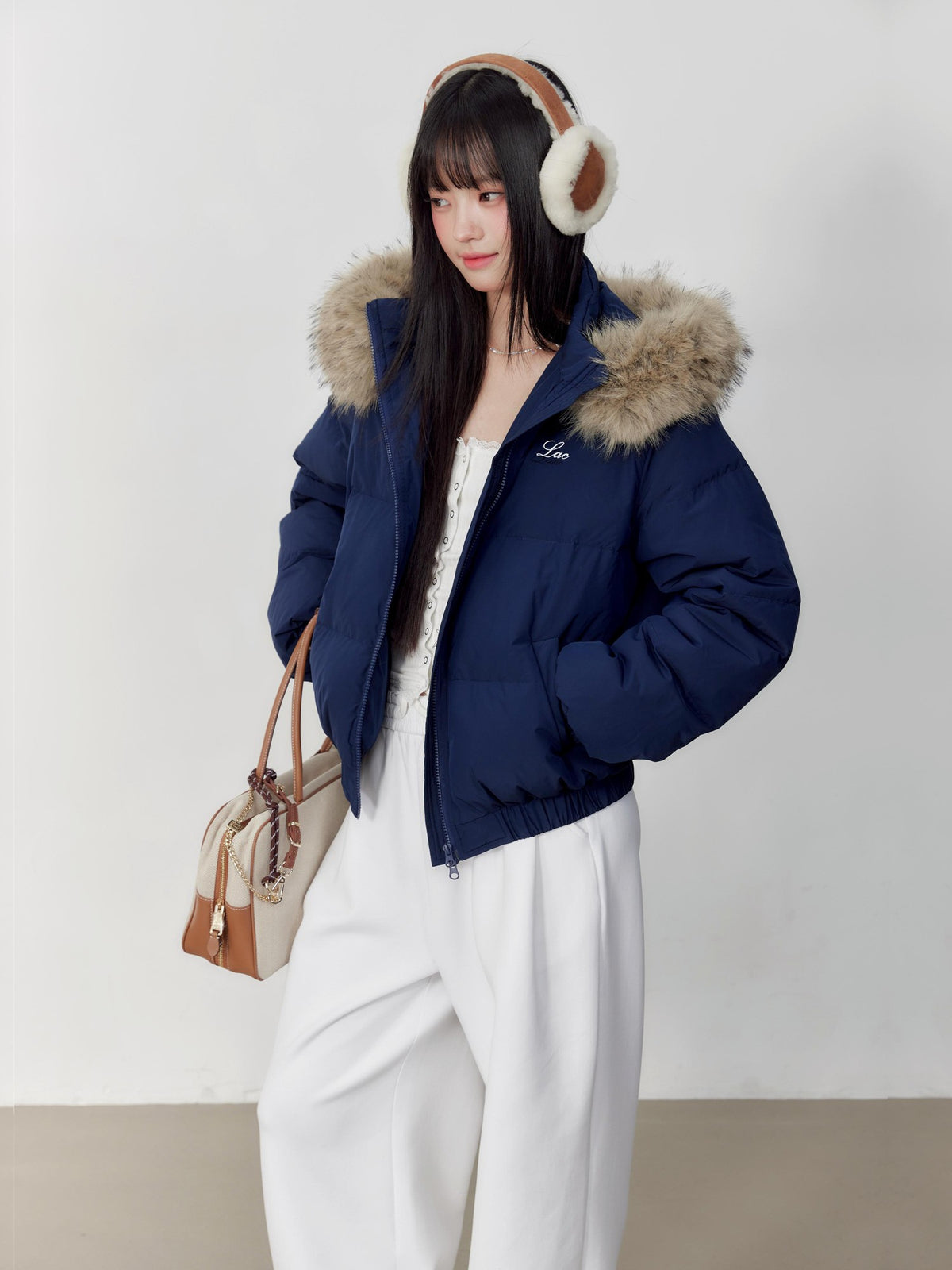 Hypoekai Embroidered Hooded Faux Fur Collar Loose Thickened Women's Puffer Jackets