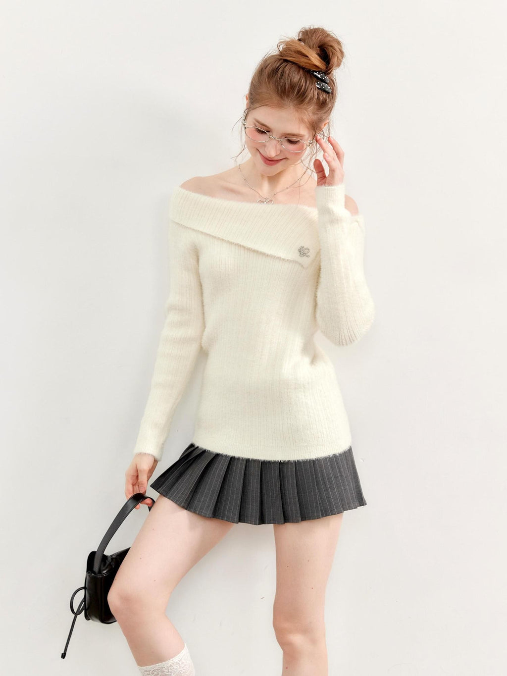 Hypoekai Fuzzy Soft Slanted Off Shoulder Loose Fit Women's Knit Off-shoulder Sweaters
