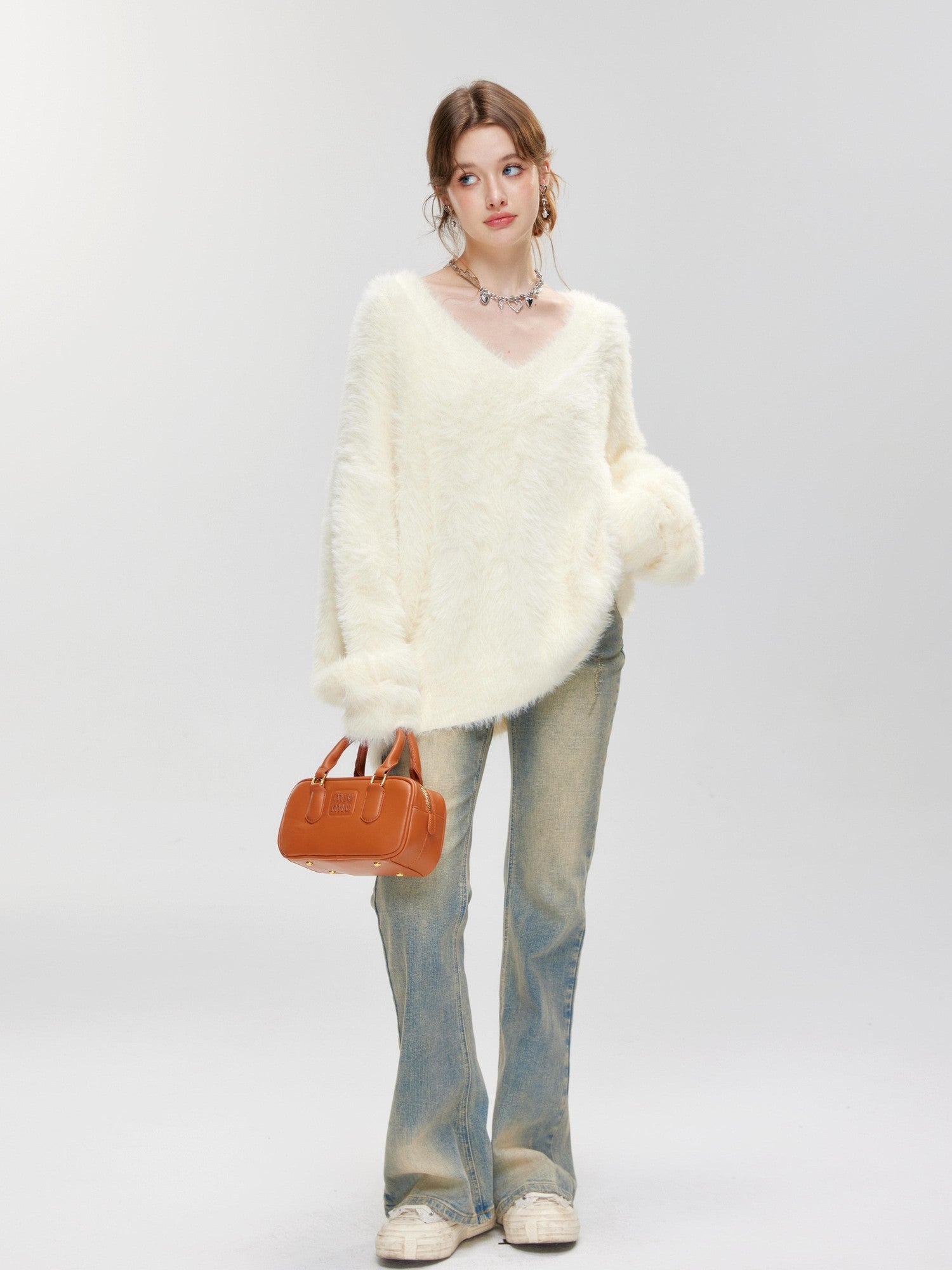 Hypoekai Fuzzy V-neck Oversized Slouchy Women's Mink Plush Pullover Sweaters
