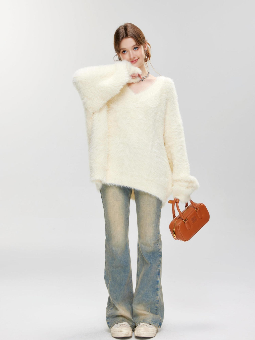 Hypoekai Fuzzy V-neck Oversized Slouchy Women's Mink Plush Pullover Sweaters