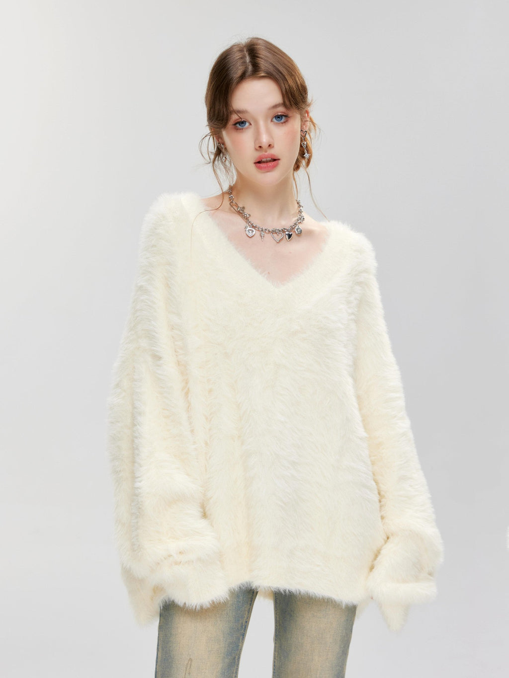 Hypoekai Fuzzy V-neck Oversized Slouchy Women's Mink Plush Pullover Sweaters
