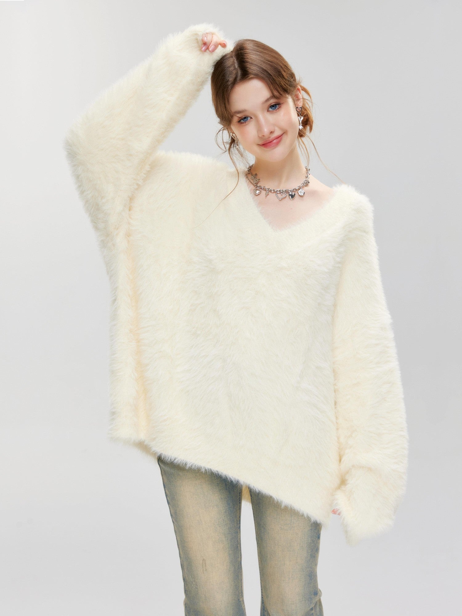 Hypoekai Fuzzy V-neck Oversized Slouchy Women's Mink Plush Pullover Sweaters