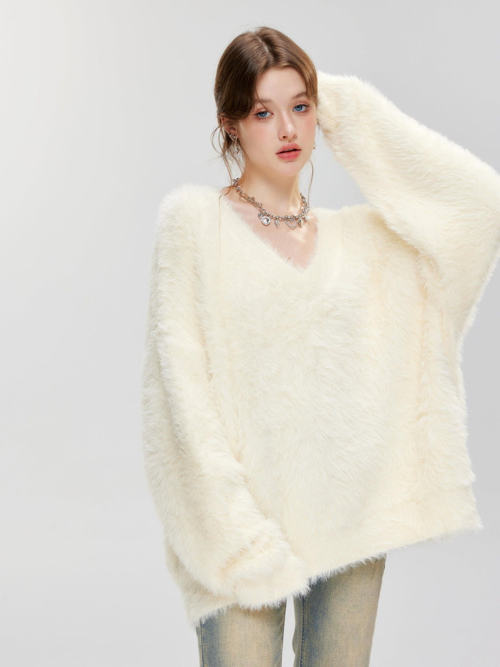 Hypoekai Fuzzy V-neck Oversized Slouchy Women's Mink Plush Pullover Sweaters