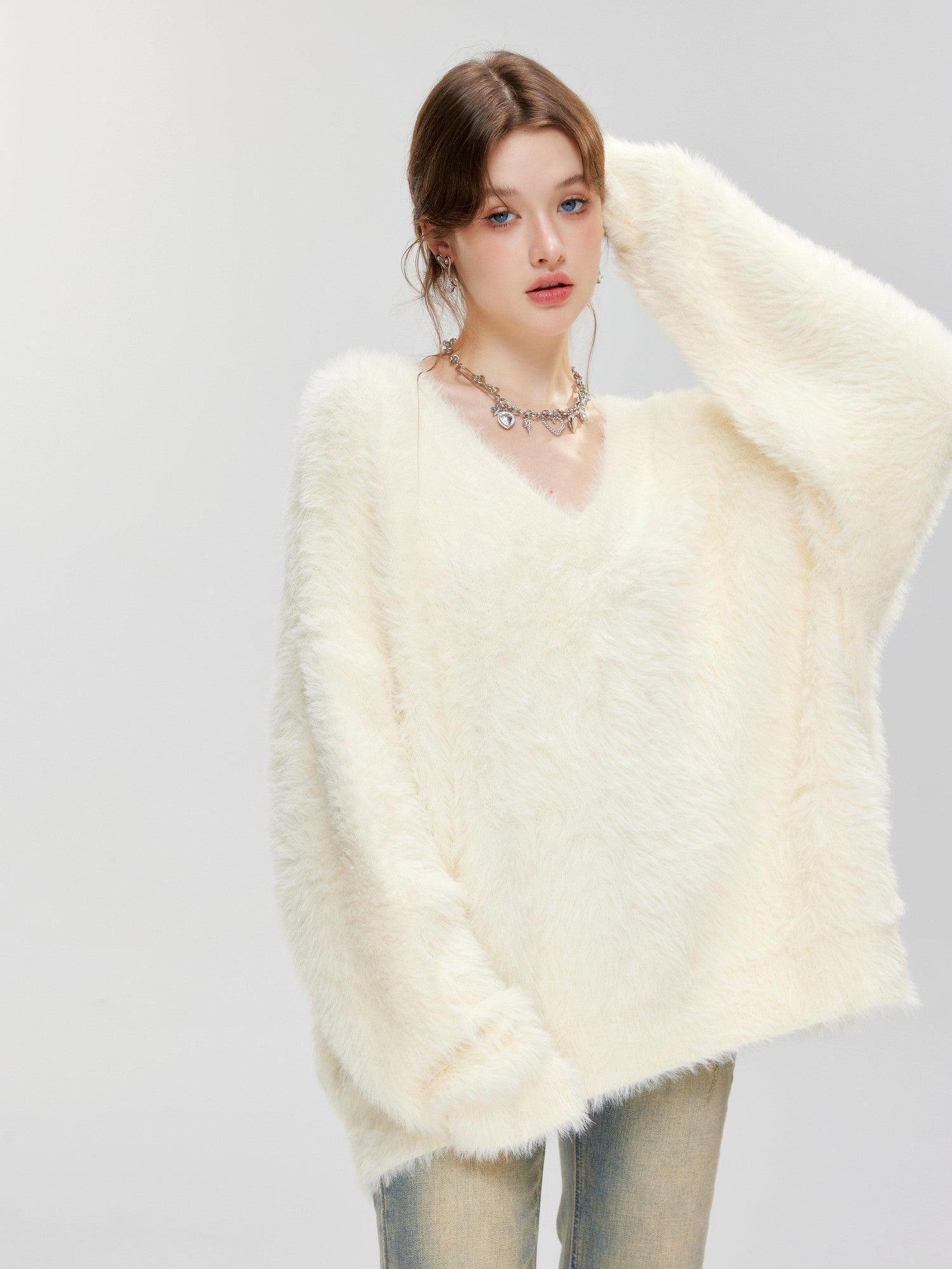 Hypoekai Fuzzy V-neck Oversized Slouchy Women's Mink Plush Pullover Sweaters