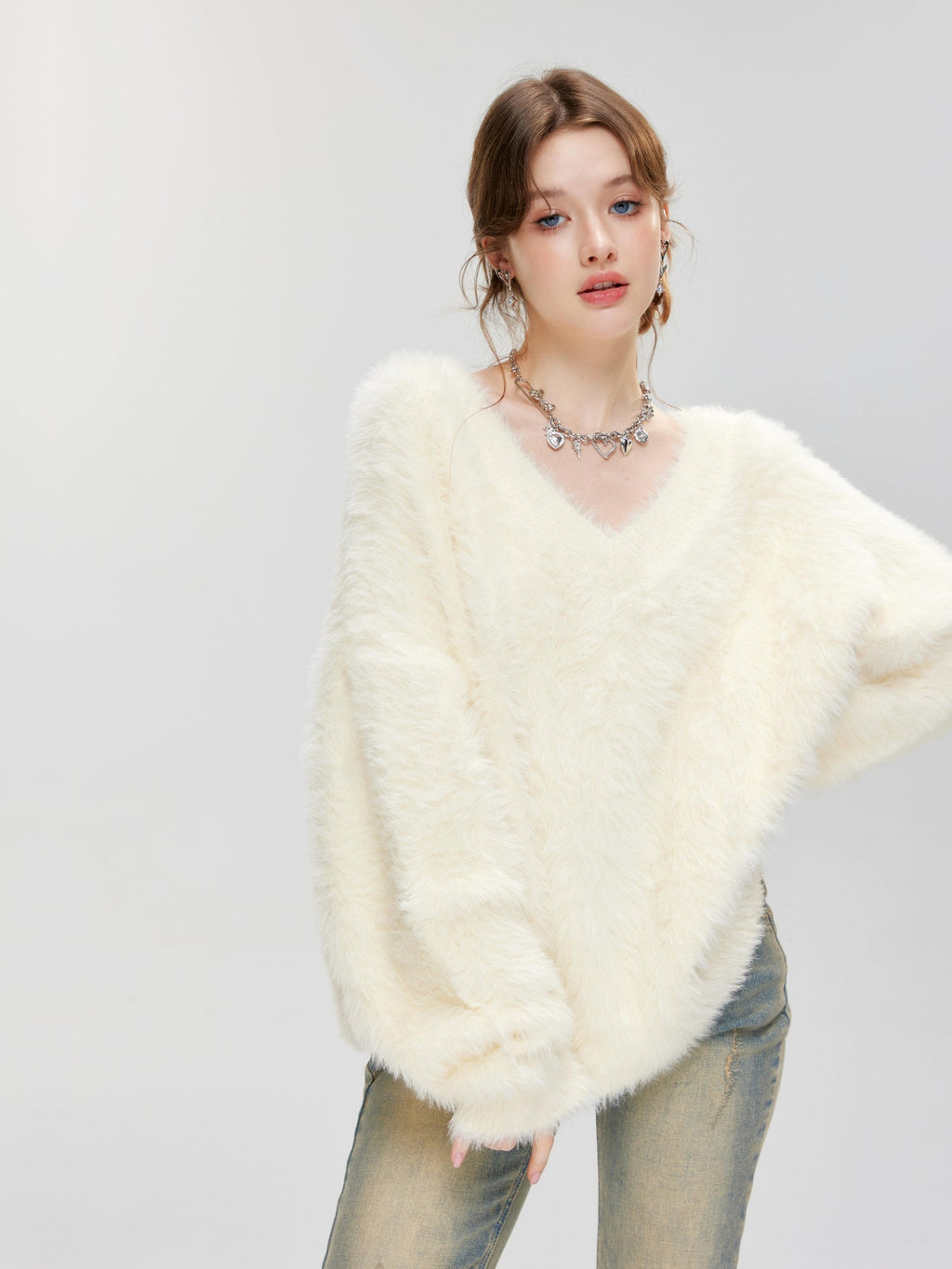 Hypoekai Fuzzy V-neck Oversized Slouchy Women's Mink Plush Pullover Sweaters