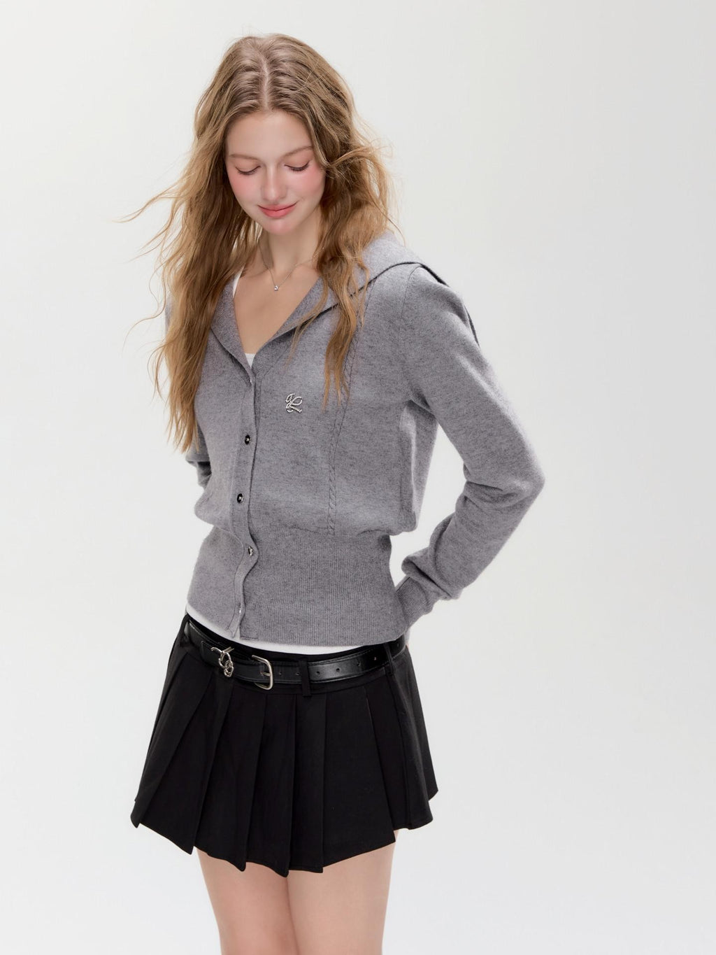 Hypoekai Gray Shawl Collar Collegiate Waist Cinch Women's Knit Button-up Cardigans