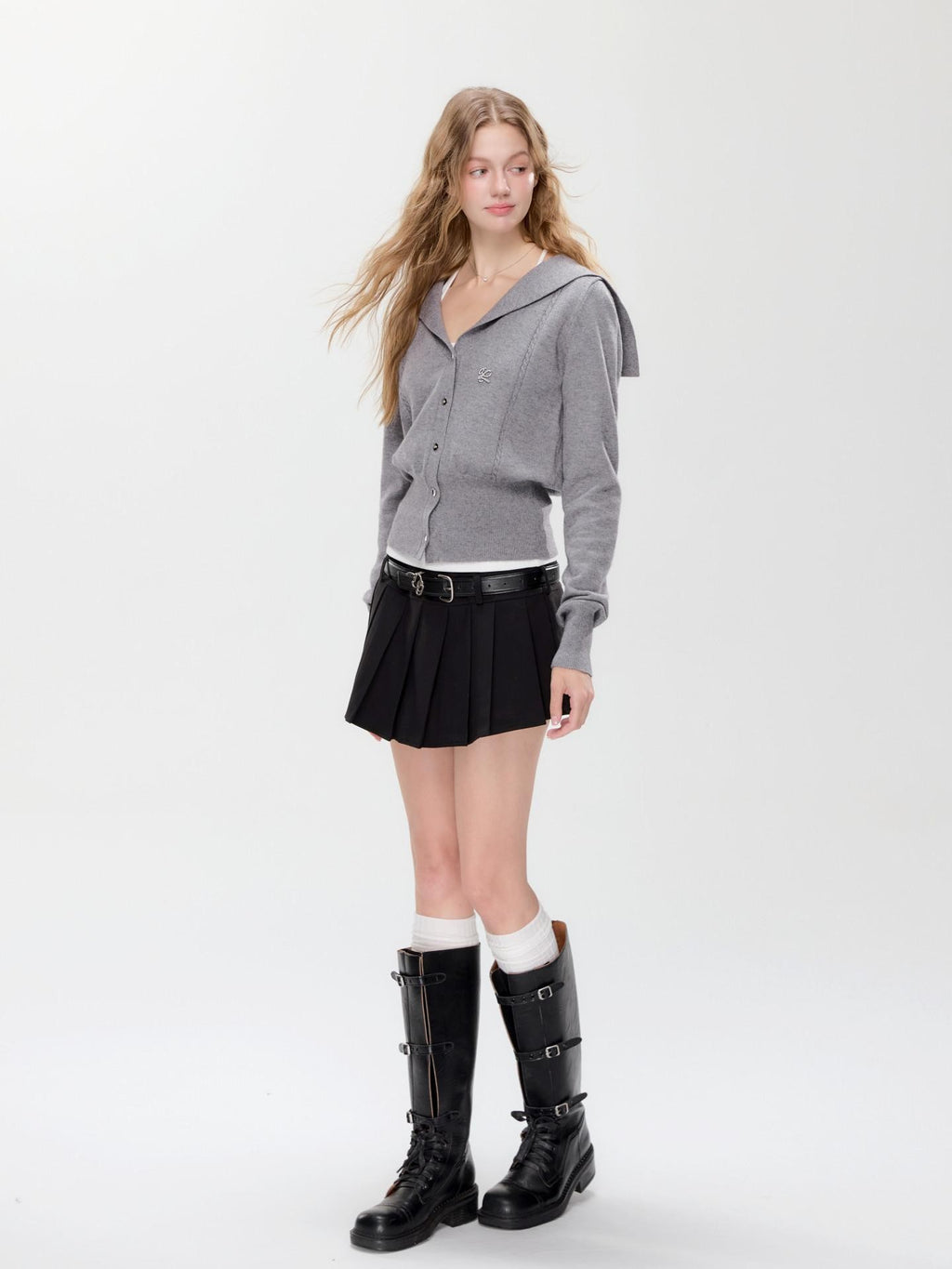 Hypoekai Gray Shawl Collar Collegiate Waist Cinch Women's Knit Button-up Cardigans