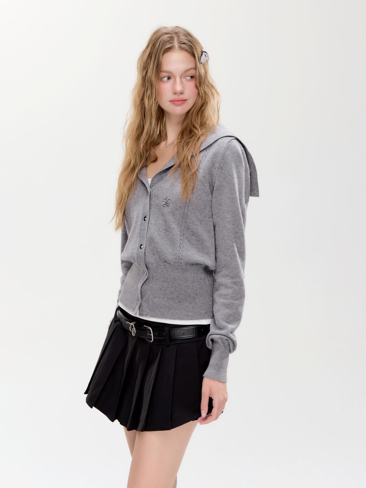 Hypoekai Gray Shawl Collar Collegiate Waist Cinch Women's Knit Button-up Cardigans
