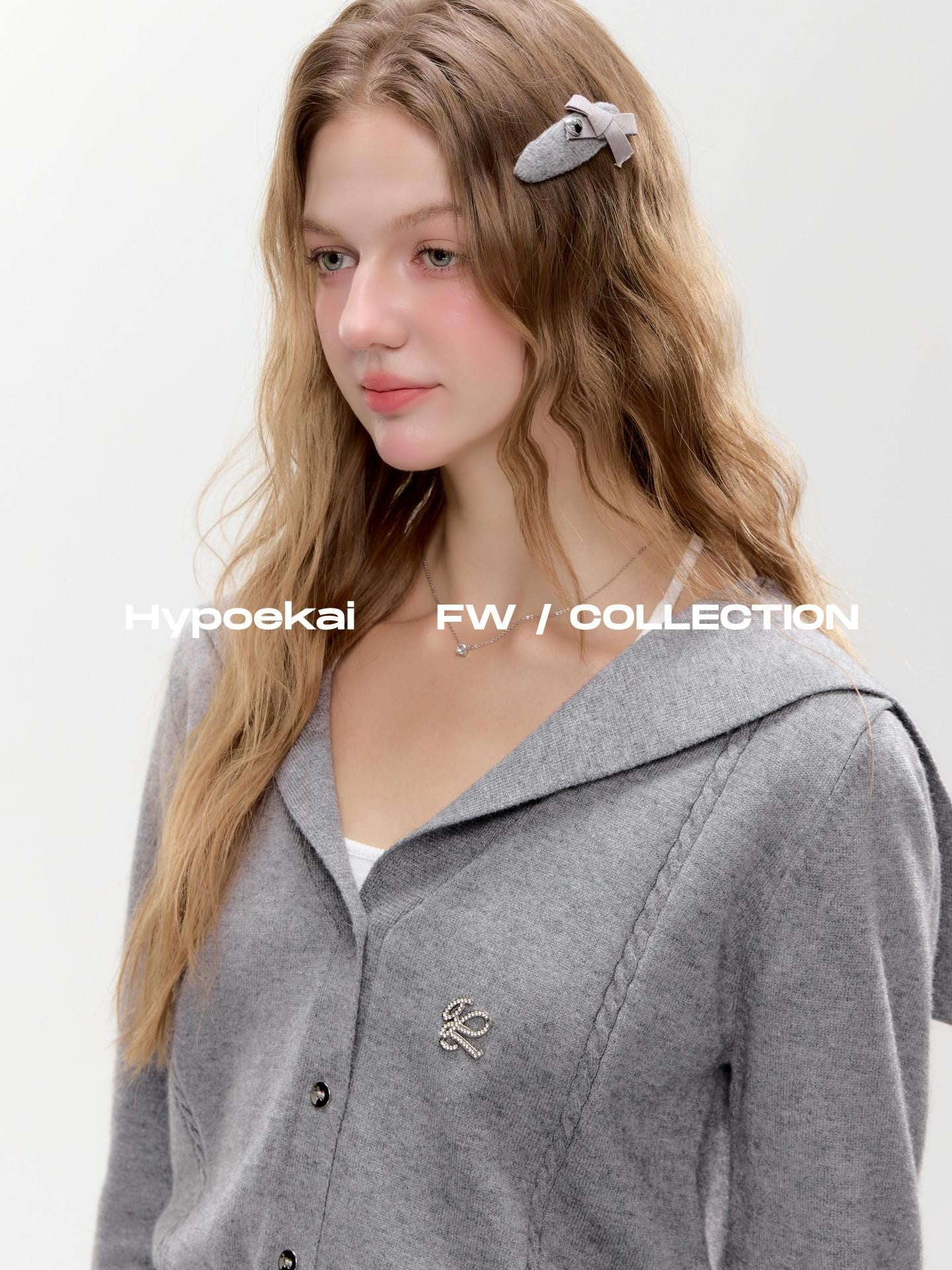 Hypoekai Gray Shawl Collar Collegiate Waist Cinch Women's Knit Button-up Cardigans
