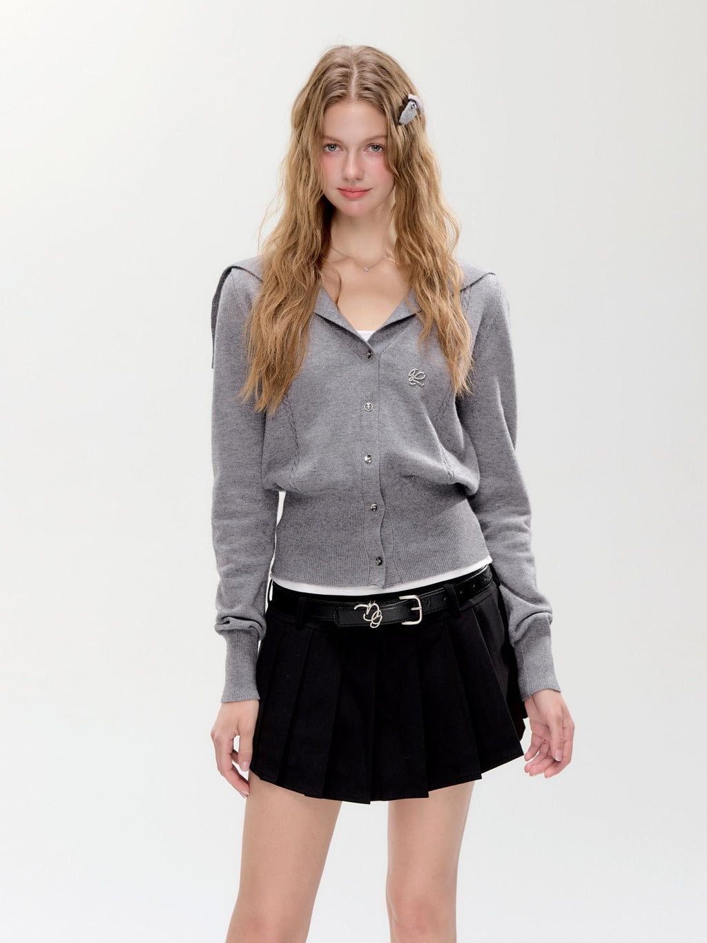 Hypoekai Gray Shawl Collar Collegiate Waist Cinch Women's Knit Button-up Cardigans