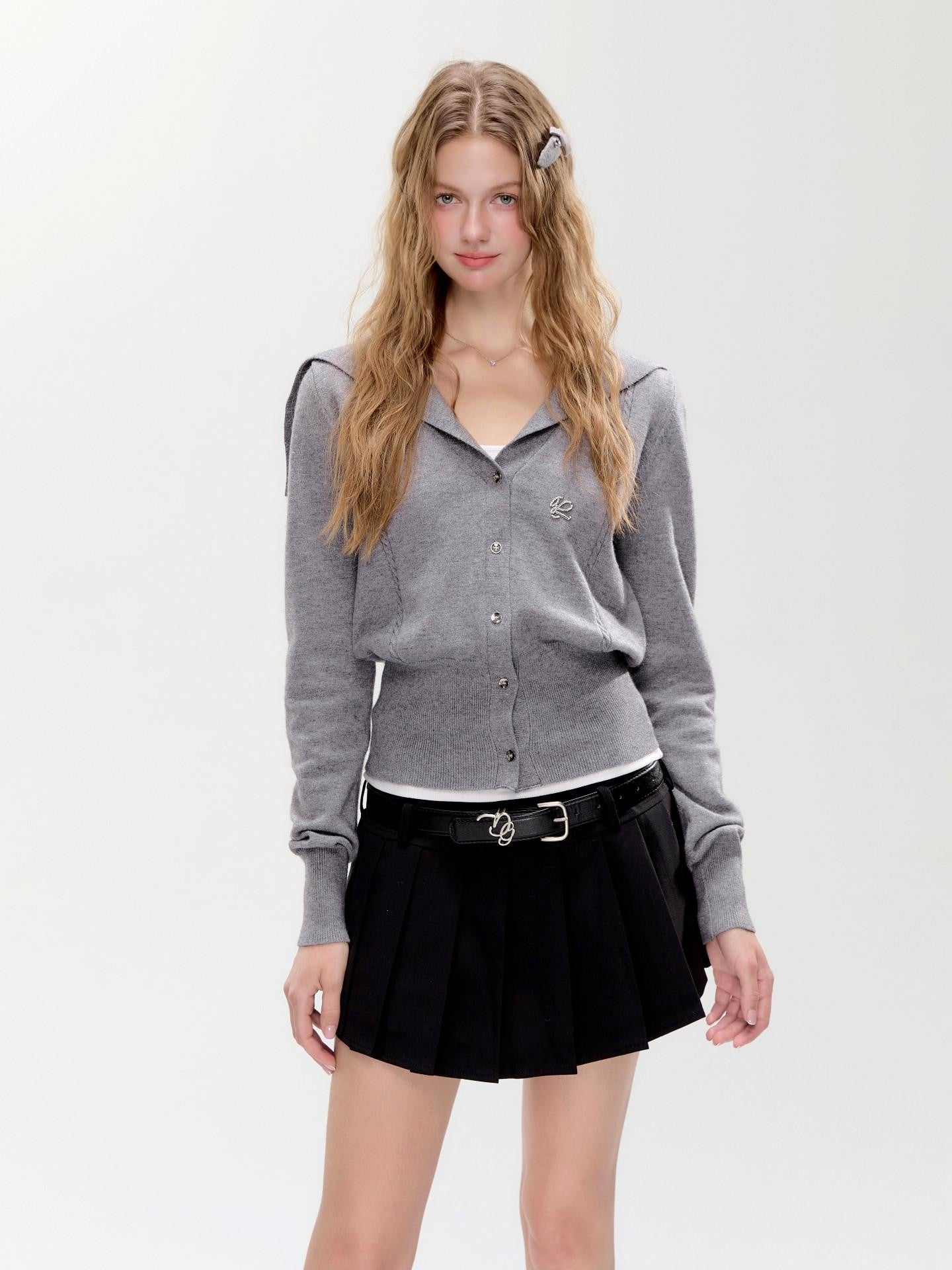 Hypoekai Gray Shawl Collar Collegiate Waist Cinch Women's Knit Button-up Cardigans