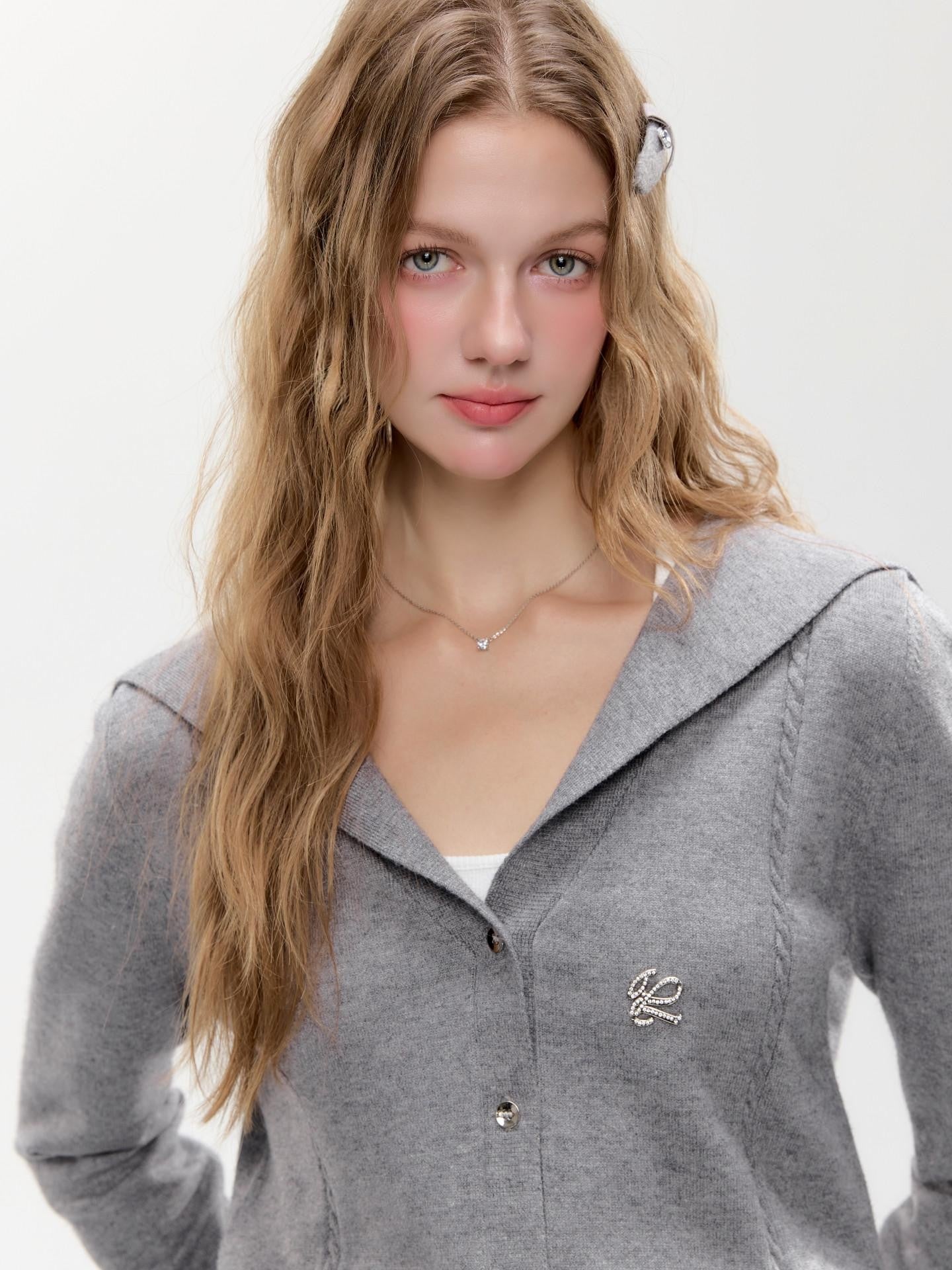 Hypoekai Gray Shawl Collar Collegiate Waist Cinch Women's Knit Button-up Cardigans