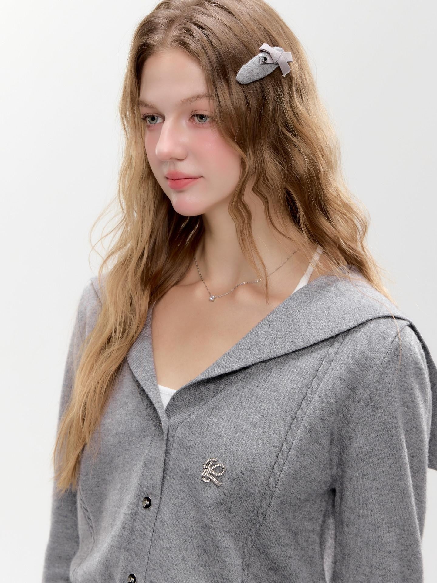 Hypoekai Gray Shawl Collar Collegiate Waist Cinch Women's Knit Button-up Cardigans