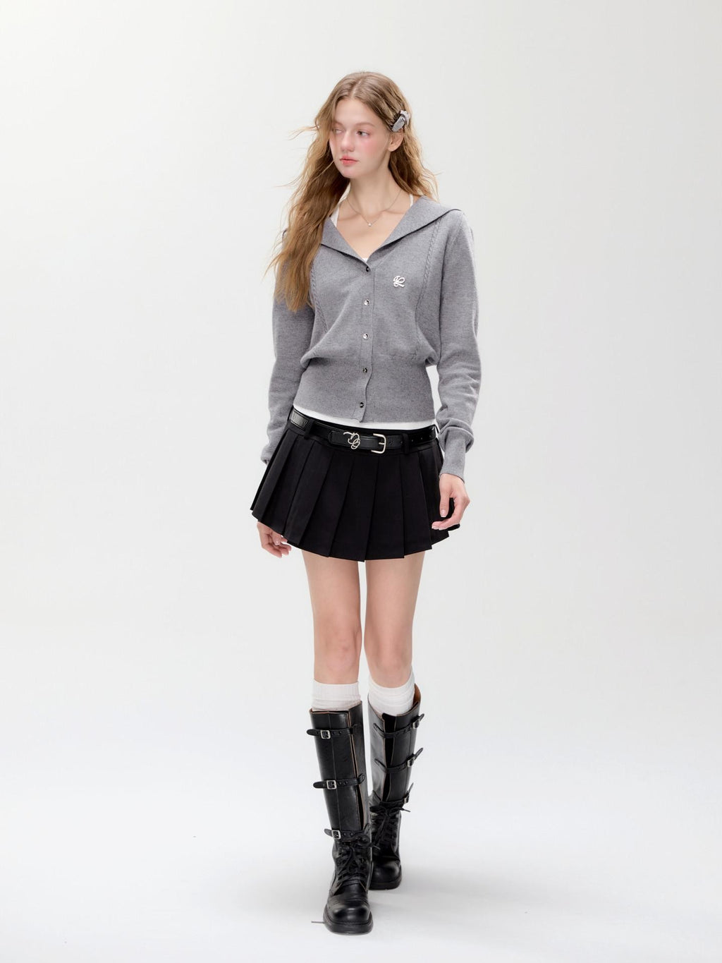 Hypoekai Gray Shawl Collar Collegiate Waist Cinch Women's Knit Button-up Cardigans