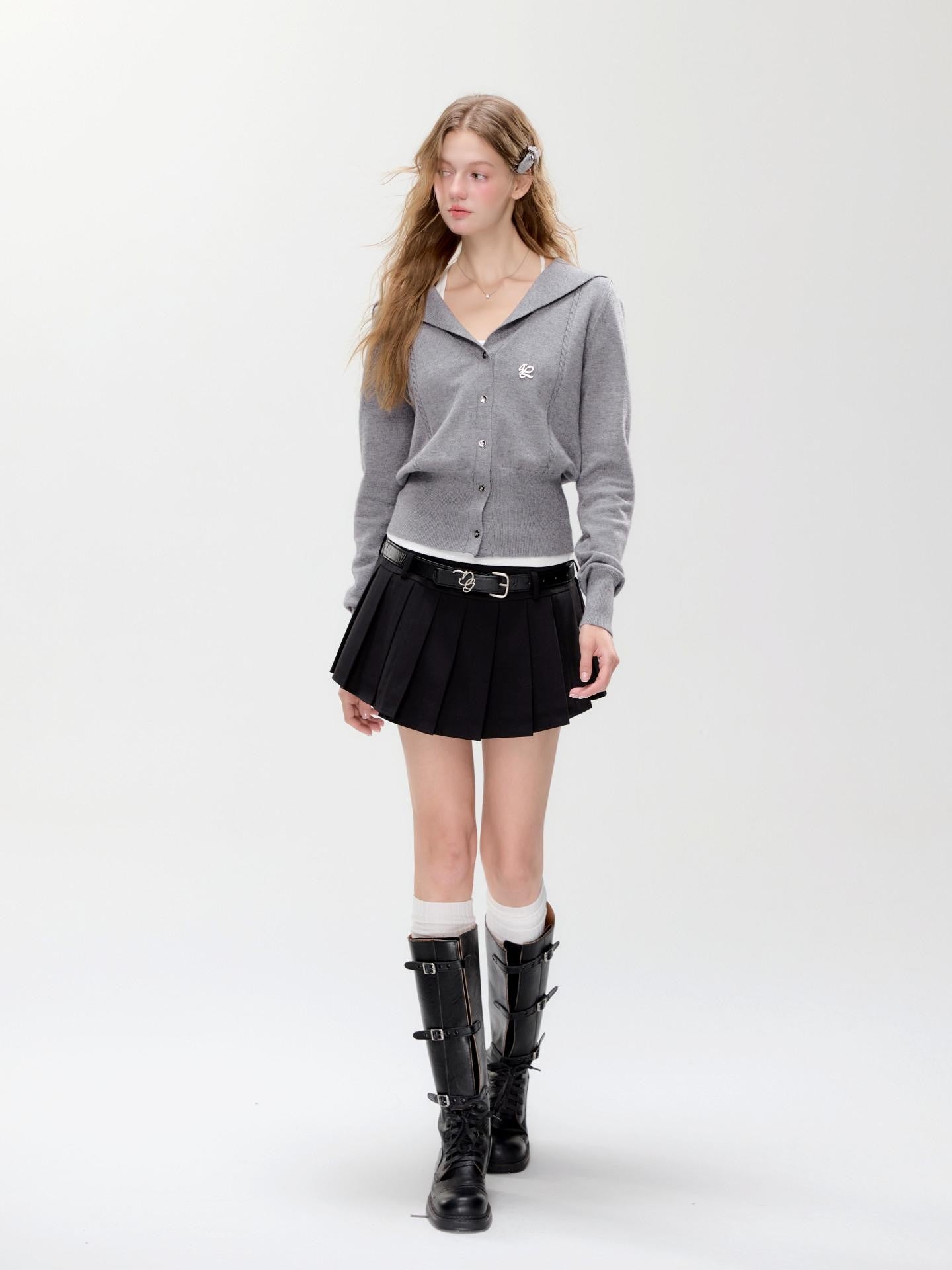 Hypoekai Gray Shawl Collar Collegiate Waist Cinch Women's Knit Button-up Cardigans