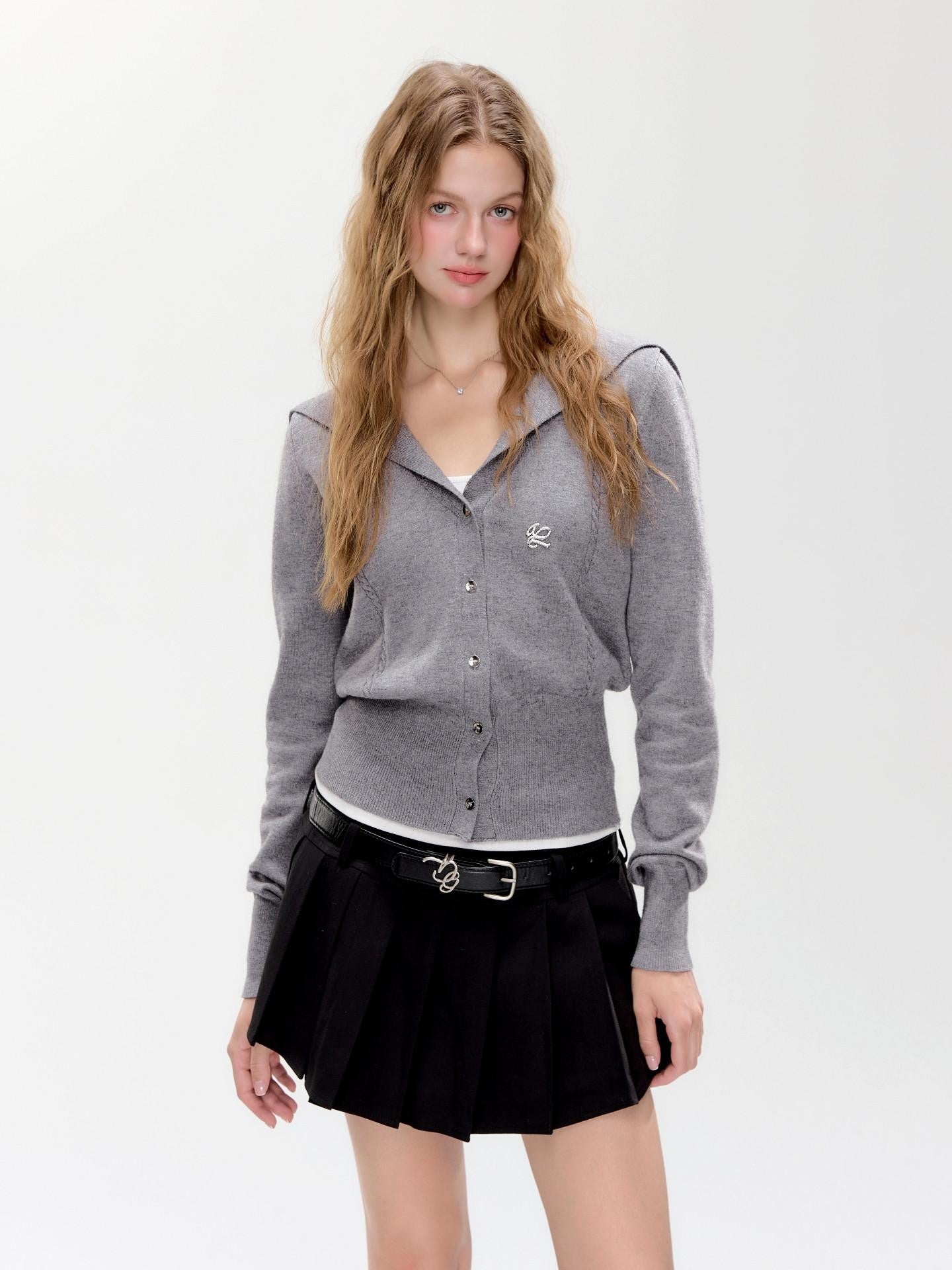 Hypoekai Gray Shawl Collar Collegiate Waist Cinch Women's Knit Button-up Cardigans