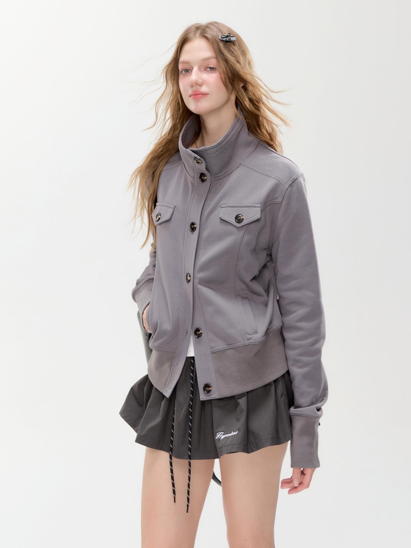 Hypoekai High Collar Pocket Slim Fit Short Tailored Women's Cropped Jackets