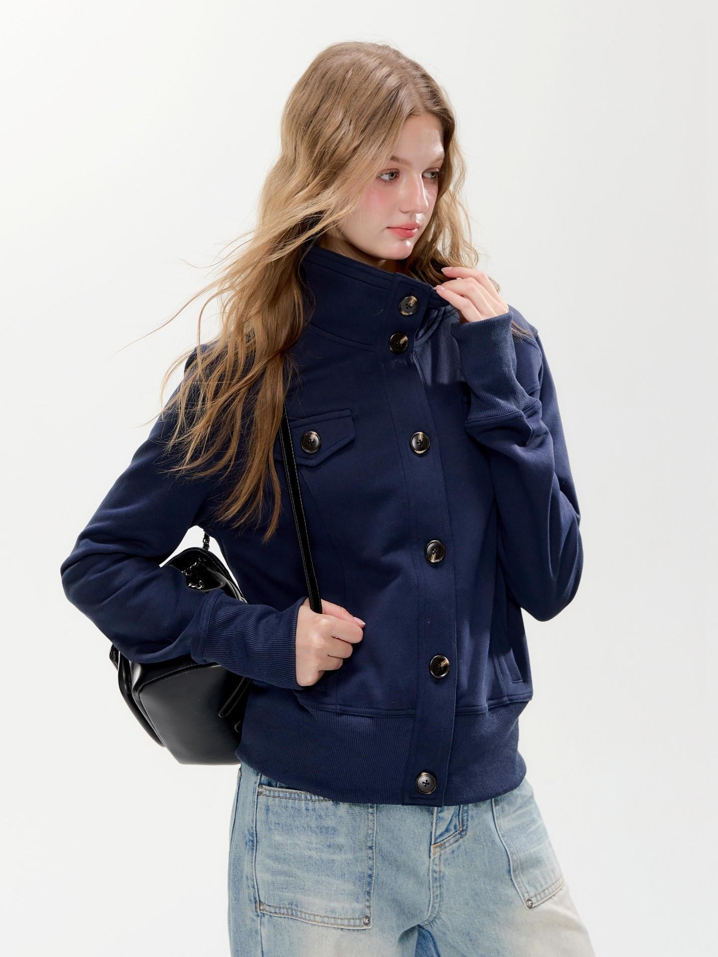 Hypoekai High Collar Pocket Slim Fit Short Tailored Women's Cropped Jackets