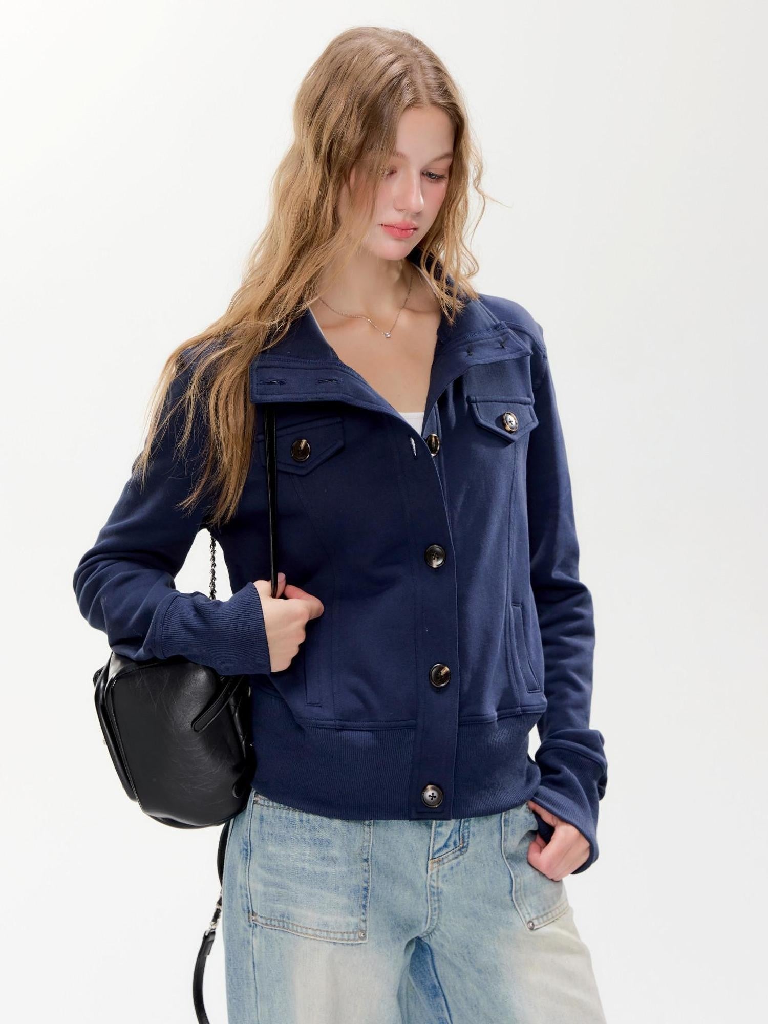 Hypoekai High Collar Pocket Slim Fit Short Tailored Women's Cropped Jackets